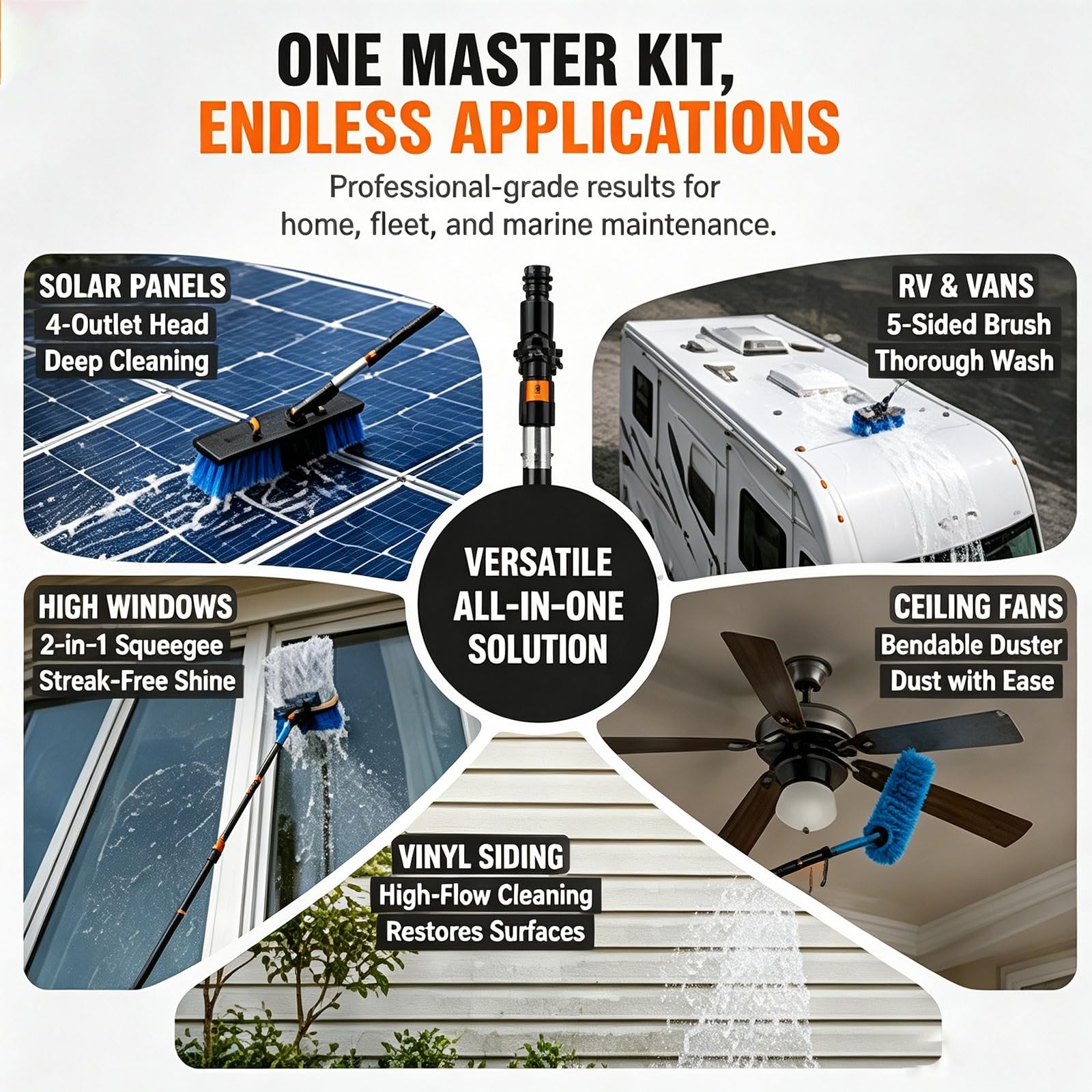 Pértiga Telescópica Carbono Limpieza Paneles Solares con Paso de Agua, Cepillo Limpiacristales Profesional, Kit Mantenimiento Solar con Dispensador Jabón y Tubo(6.0m(20FT))