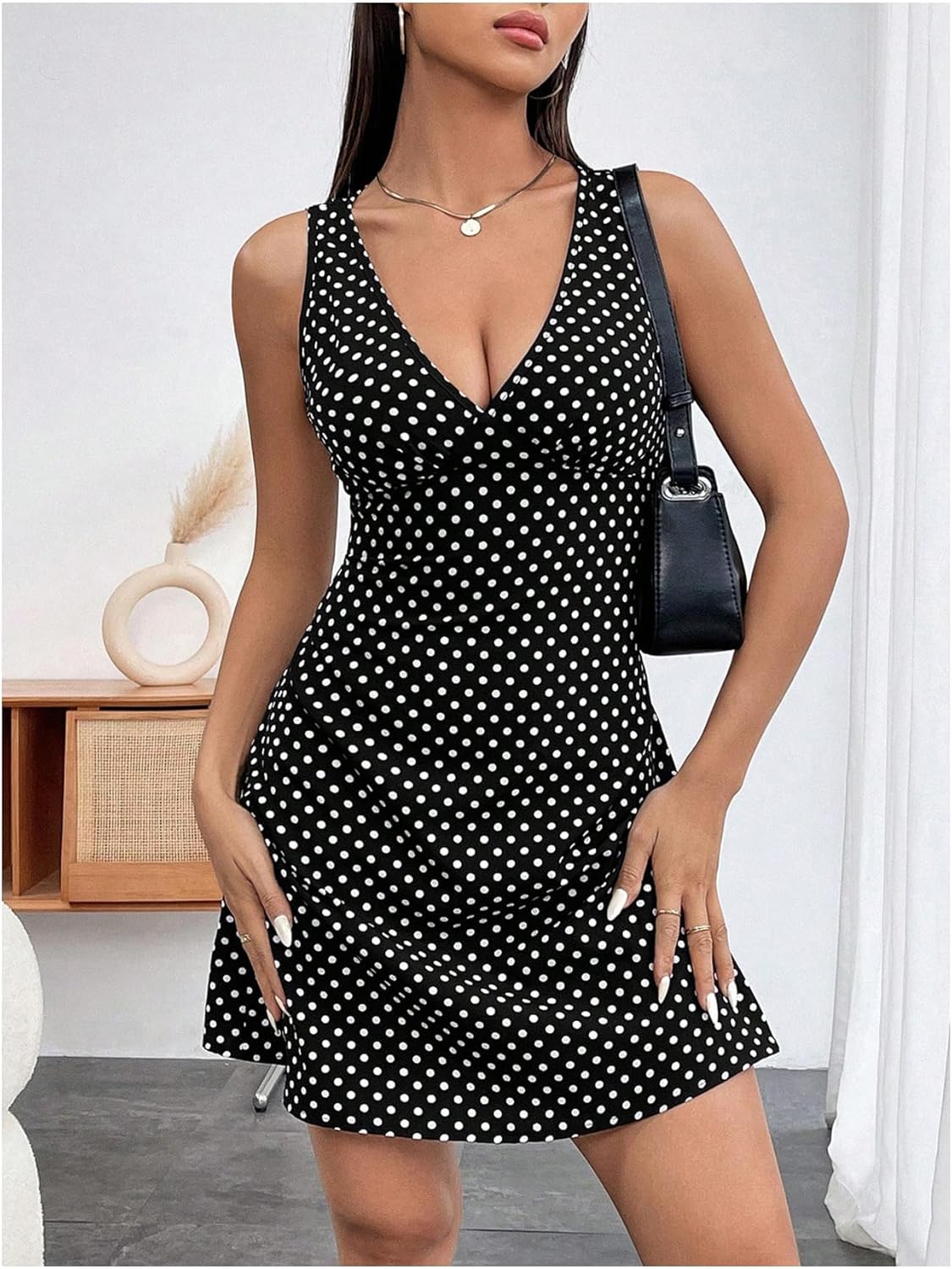 Women's Polka Dots V Neck Tank Dress Sleeveless Summer A Line Dresses Sexy Mini Dress - Image 6