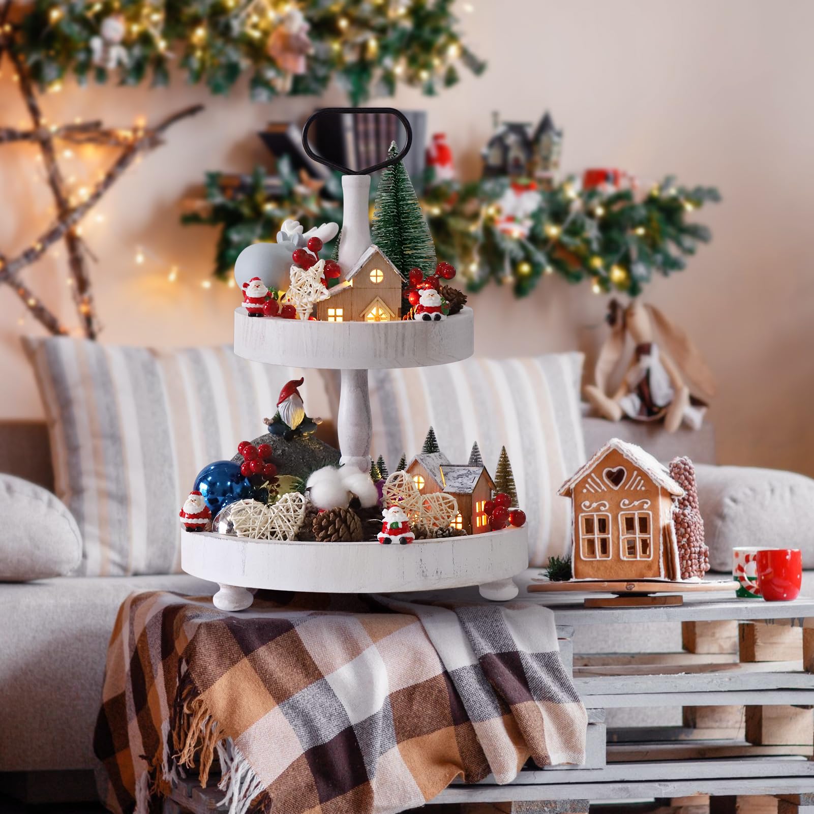 Vassoio natalizio a 2 livelli decorativo, in legno, per feste e Capodanno, cucina, bar, decorazione per la casa