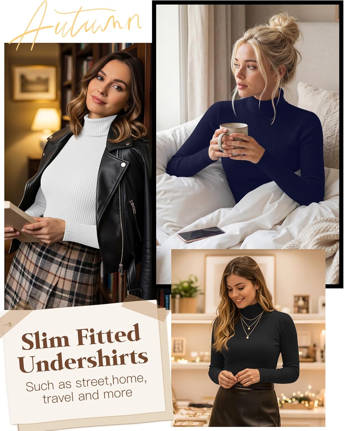 3 Pack Women’s Ribbed Turtleneck Tops Long Sleeve Cotton Stretch Shirts Slim Fit Base Layer Undershirt Tees - Image 4