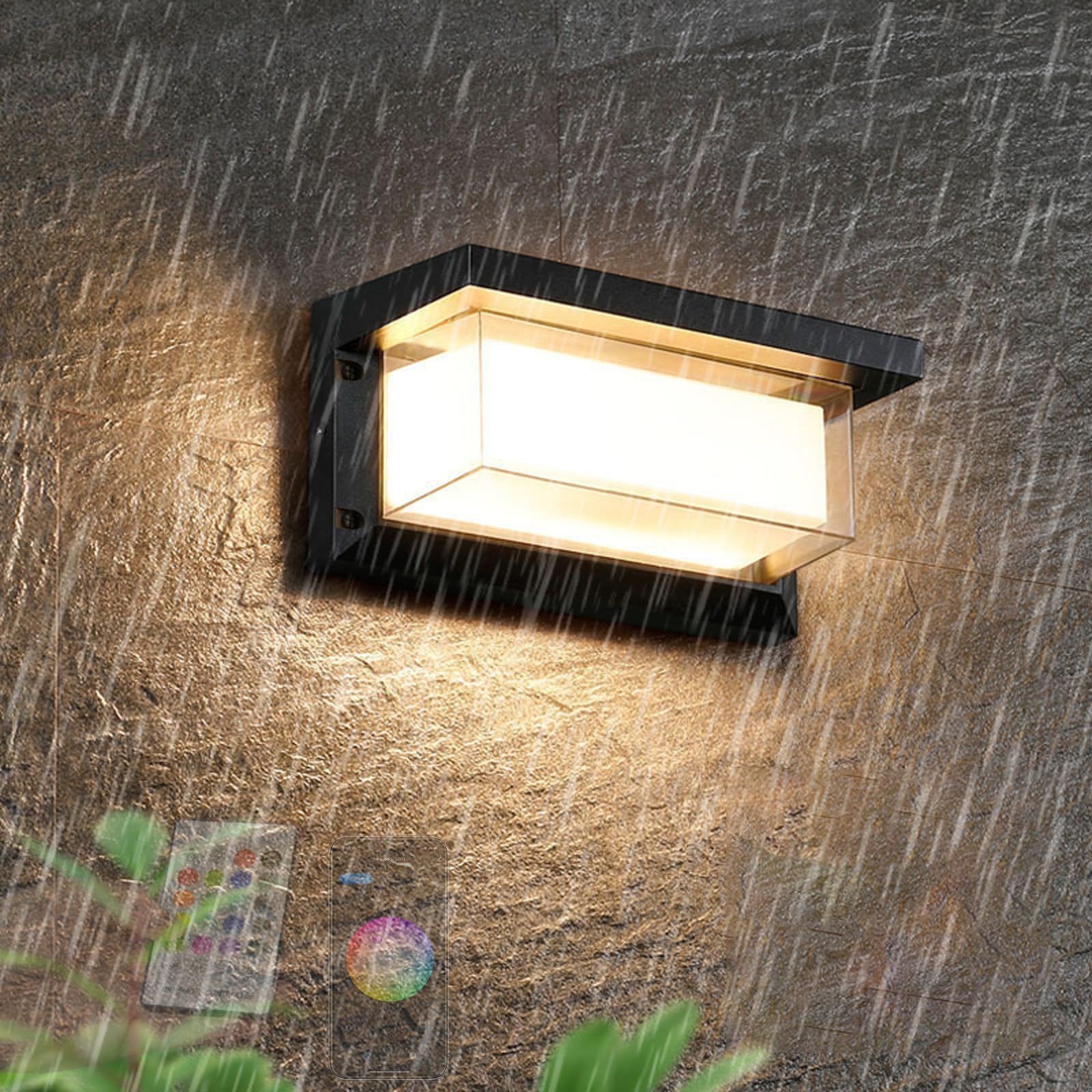 Außen LED Wandleuchte APP Steuerung RGB Dimmbar Wandlampe mit Fernbedienung Wandbeleuchtung IP65 Wasserdicht Aluminium Acryl Rechteckig Design für Veranda Garten (26cm,Schwarz)