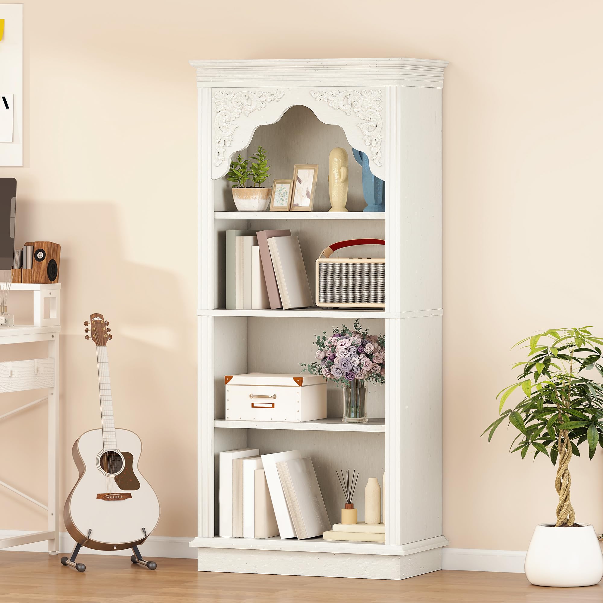 YITAHOME 4-Tier Vintage Bücherregal mit geschnitztem Design Bücherregal offenes Display Lagerung- Ideal für Wohnzimmer, Schlafzimmer, Arbeitszimmer & Büro, Weiß, 140cm