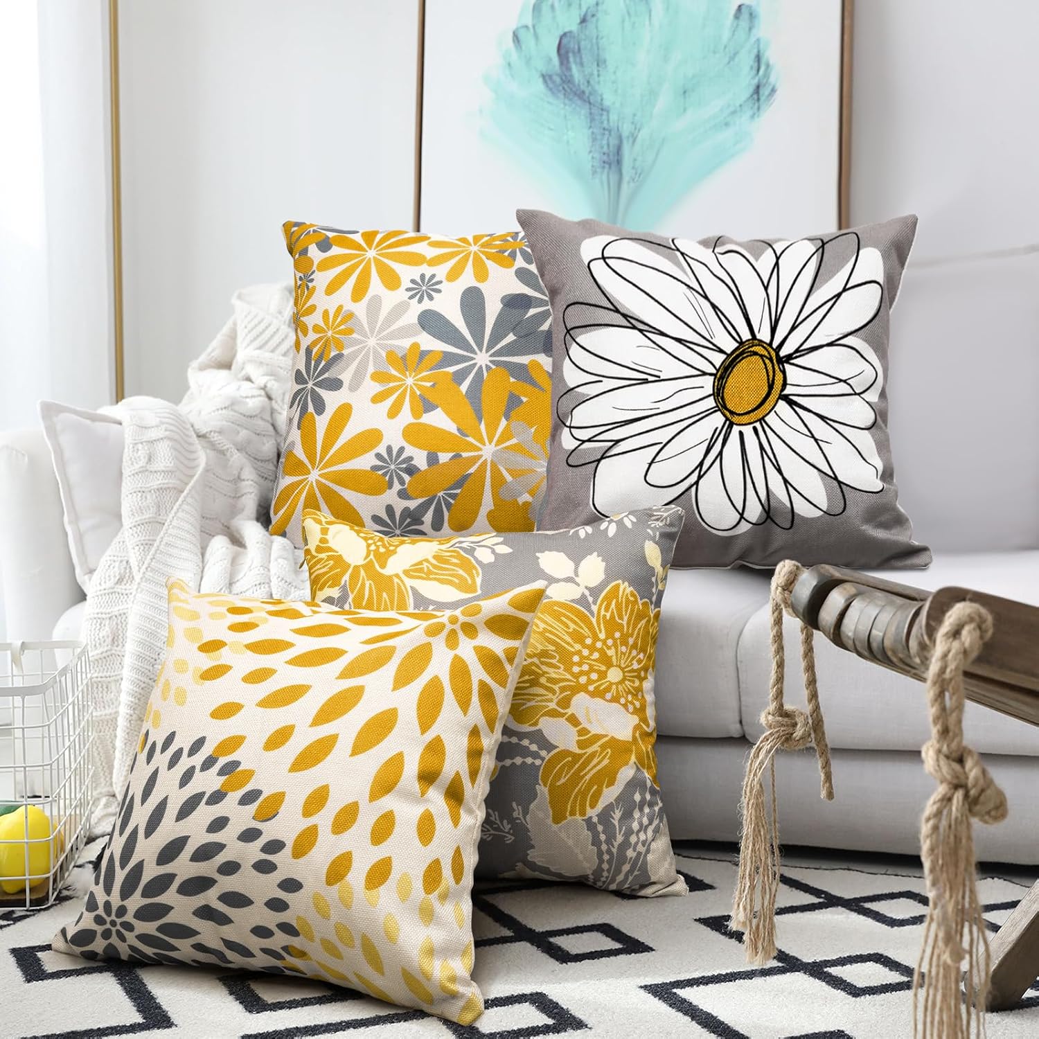 Baidast Yellow Decorative Throw Pillow Covers 20x20 Set of 4, Yellow and Gray Modern Daisy Floral Pillows Linen Pillow Covers for Couch Sofa Living Room