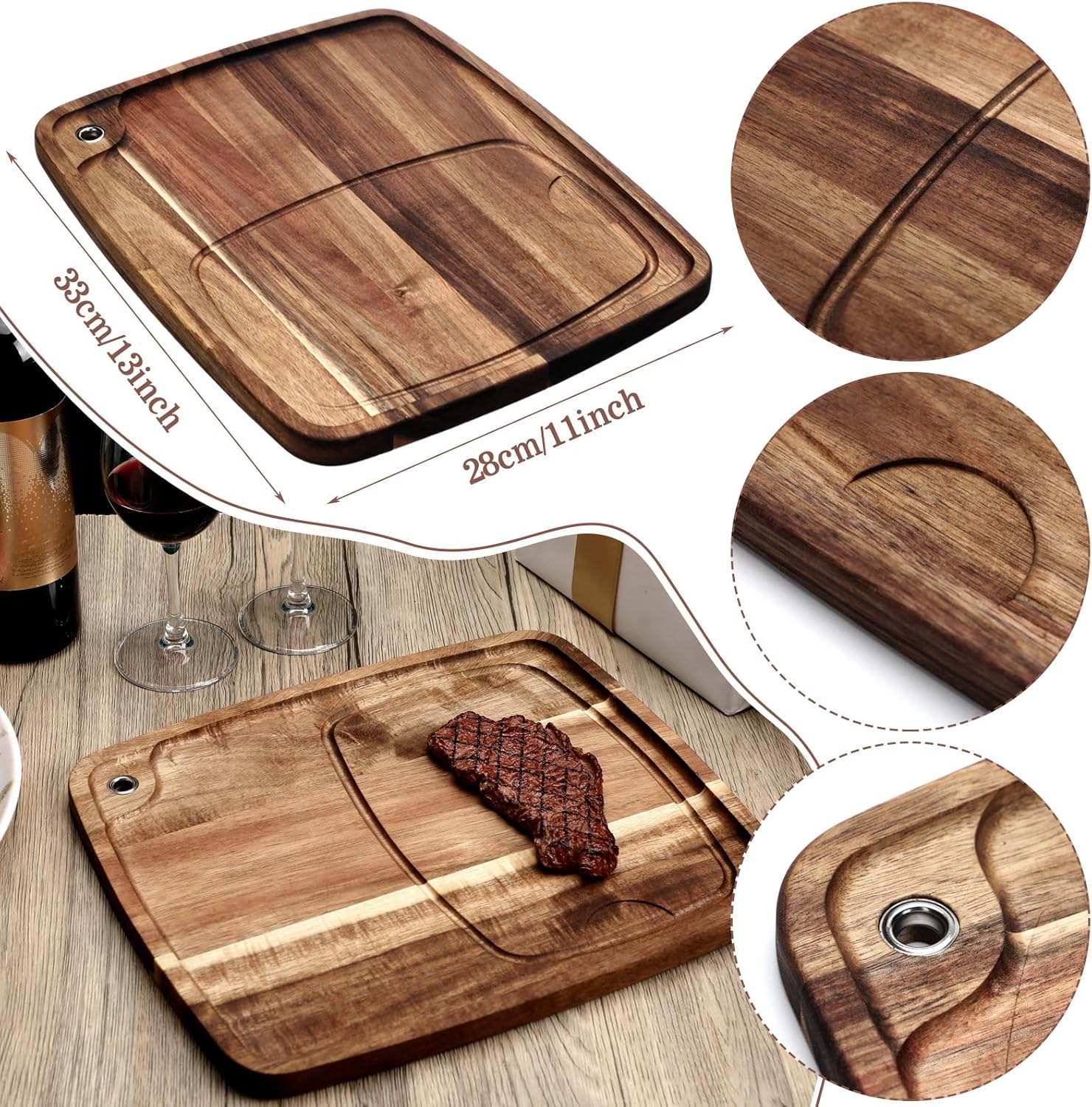 Uiifan 6 Pcs Steak Plates with Juice Channel Wooden Steak Board Set Acacia Cutting Serving Board for Christmas Home Serving Eating Meat Dishes Snack Dessert, 13 x 11 x 0.6 Inch - Image 2