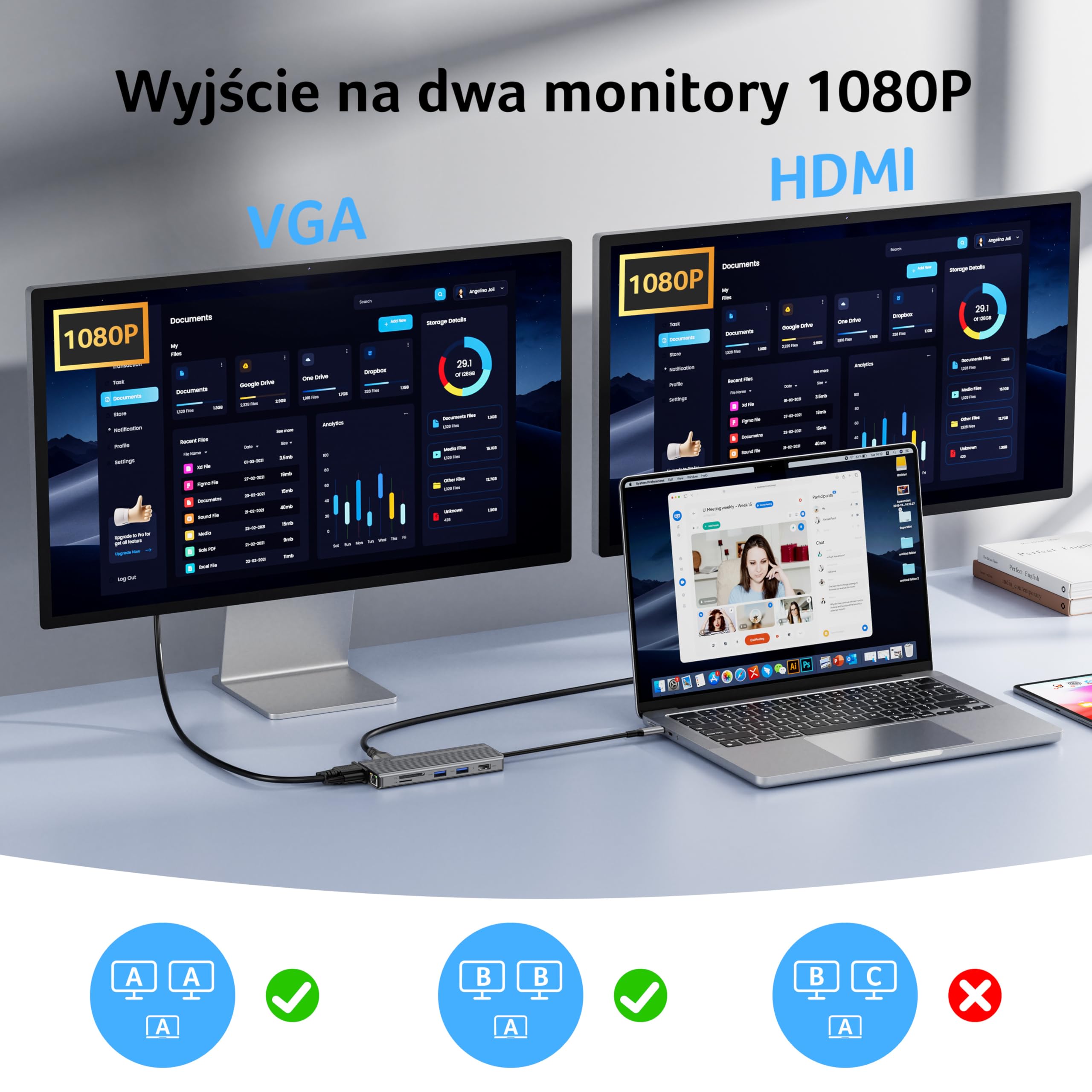 Acer Stacja dokująca USB C 11 w 1 z HDMI 4K@60Hz, 2x10Gbps, Ethernet 1Gbps | HUB USB C z 2×USB C 3.2 i 2×5Gbps USB-A, PD 100W, VGA 1080P, Adapter SD/TF Multiport do Komputera PC i Laptopa (20cm)