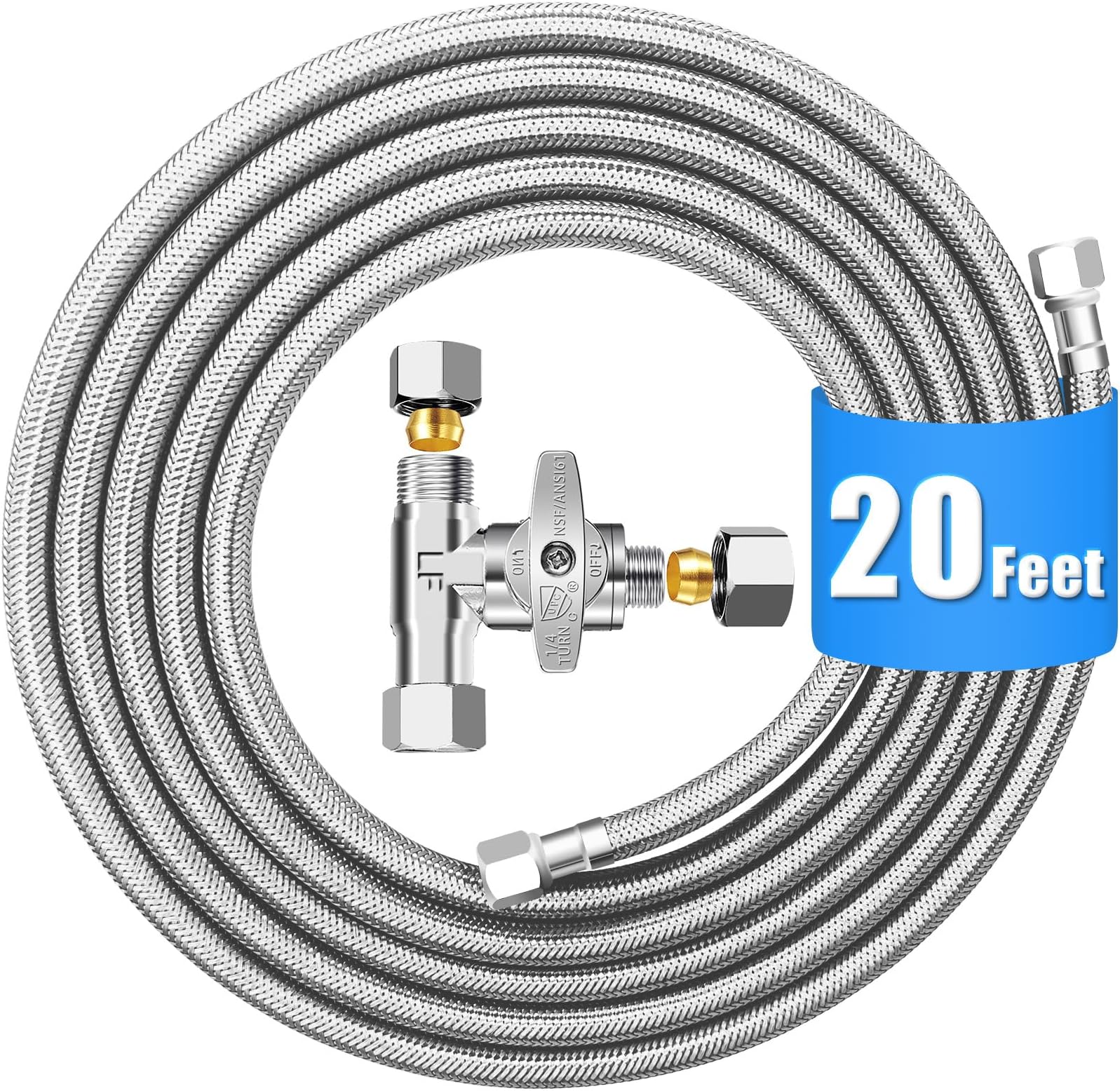 Fridge Water Line Kit - 20FT Premium Stainless Steel Braided Refrigerator Water Line with Tee Stop Valve,Foodgrade PEX Inner Tube Ice Maker Water Line with 1/4" Fittings for Refrigerator Ice Maker