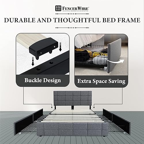 Miniatura 4 de Fencer Wire Base de cama de almacenamiento tapizada con 4 cajones y cabecera ajustable, botón cuadrado cosido acolchonado, marco de cama de