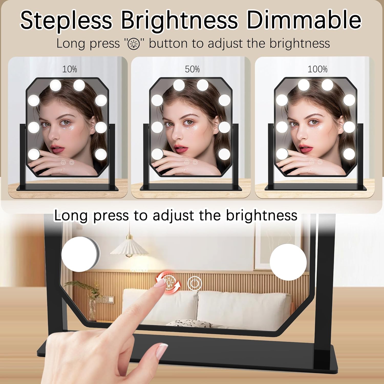 hollywood vanity mirror with lights - led makeup mirror with 3-color dimmable lights, smart touch control, detachable 5x magnifier - light up mirror for bedroom, tabletop make up mirror with lighting black