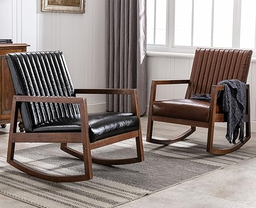 Miniatura 7 de VESCASA Mecedora tapizada de lino con respaldo copetudo de canal, moderna y cómoda mecedora de mediados de siglo con marco de madera de nogal claro