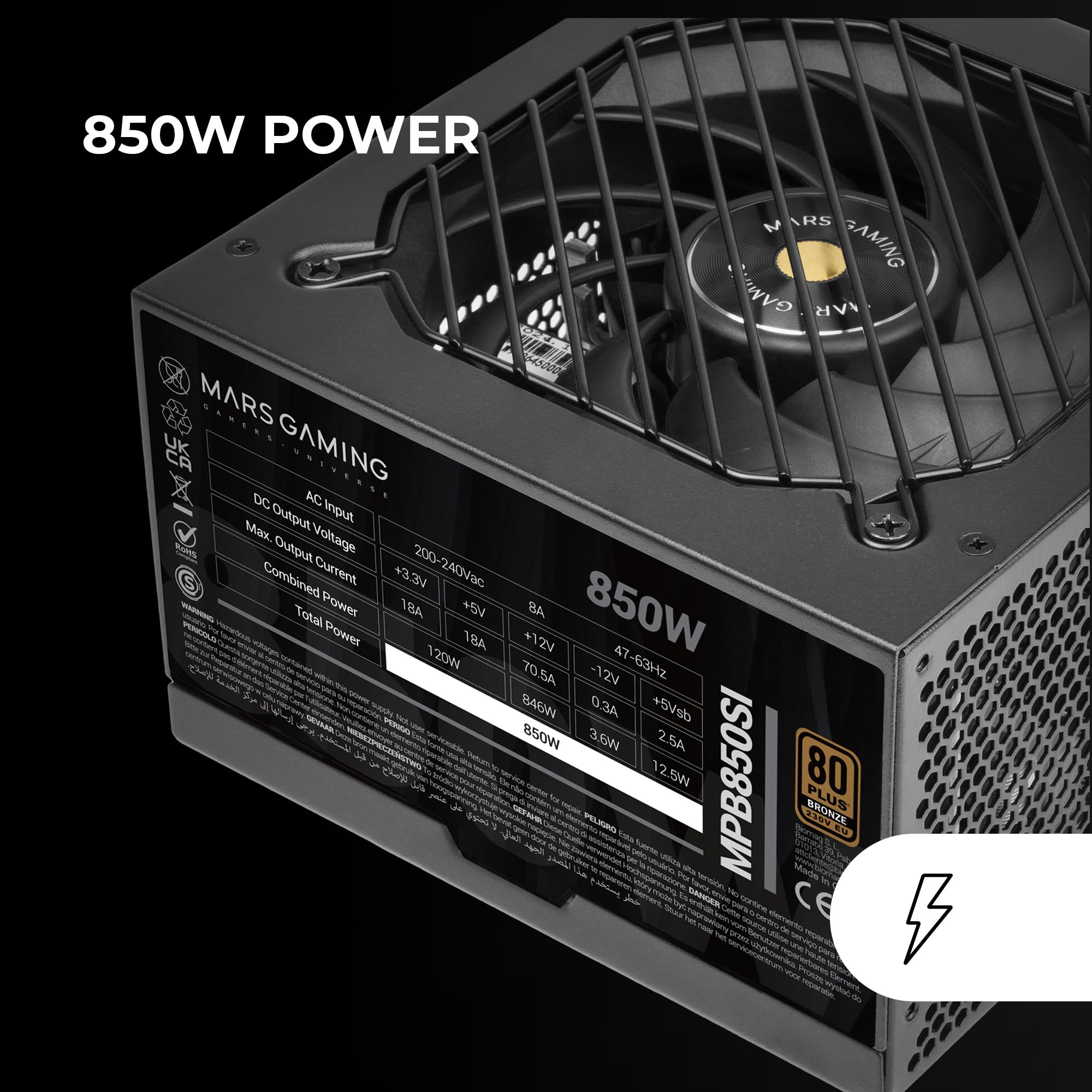 Mars Gaming MPB850SI, Alimentation PC ATX 850W, Garantie 7 Ans, 80Plus Bronze 230V, 90% d'Efficacité, Ventilateur SI Extreme Silence avec Noyau en Cuivre, Technologies AI2-RPM, DC-DC et SMD, Noir
