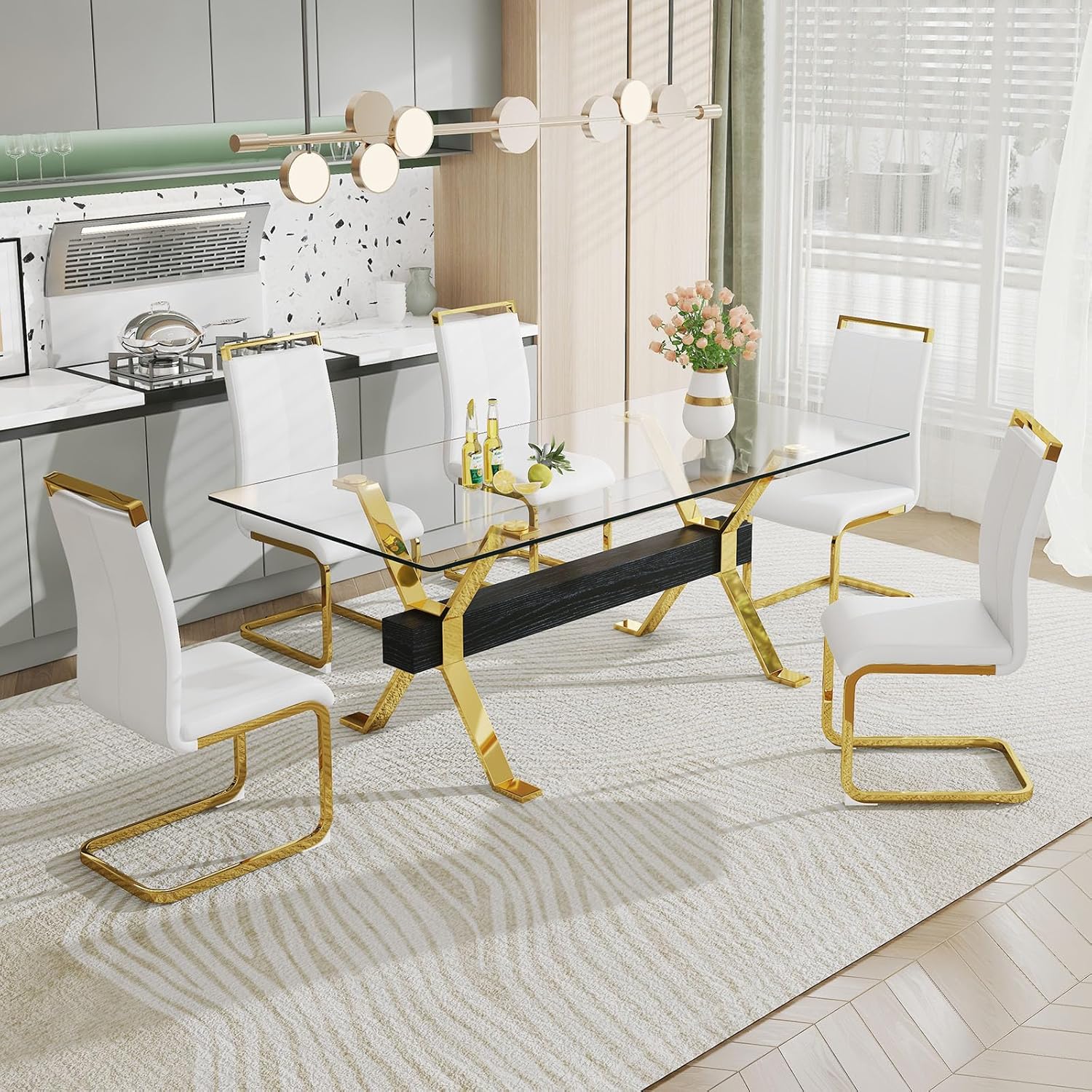 Amazon.com - Pvillez Glass Dining Table Set, 78" Modern Kitchen Table ...