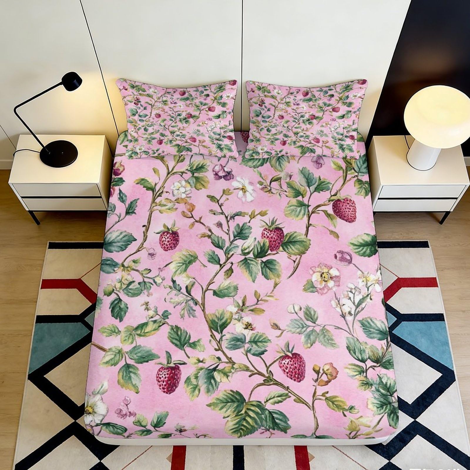3D Printed Strawberry Floral Fitted Sheet Microfiber Deep Pocket Bedroom Bedding Strawberry Mattress Fitted Cover Elastic Hem Washable 140x200x25cm