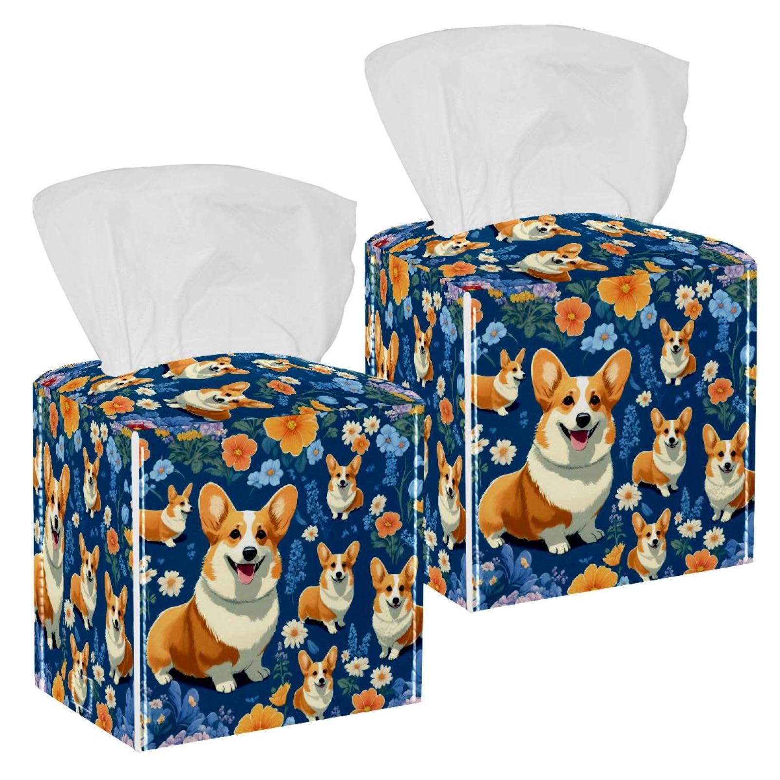 Corgis Dog Flowers Tissue Box Cover, 2 Pack PU Leather Square Facial Tissue Dispenser Box holder for Home Office Car