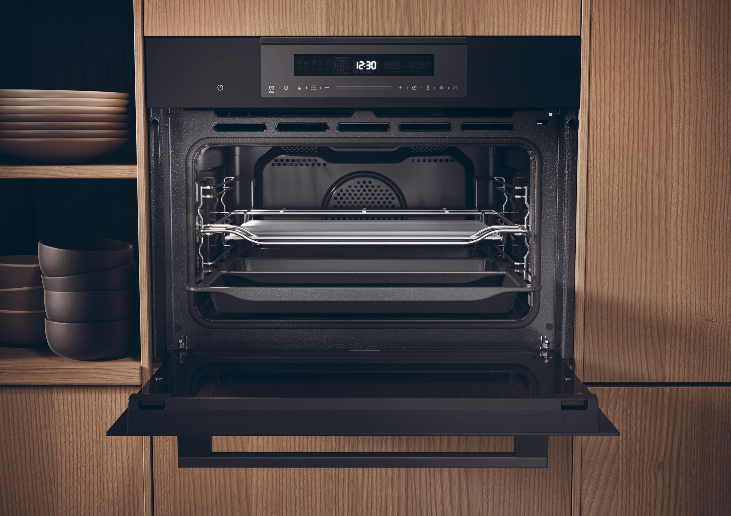 Haier Series 4 HWO45CO4P7B - Horno Multifunción, Pirolítico, Potencia 3000W, Capacidad 50L, 45cm Alto, 12 Funciones, Display táctil, Ventilación Radial, 4 Cristales en puerta, Negro