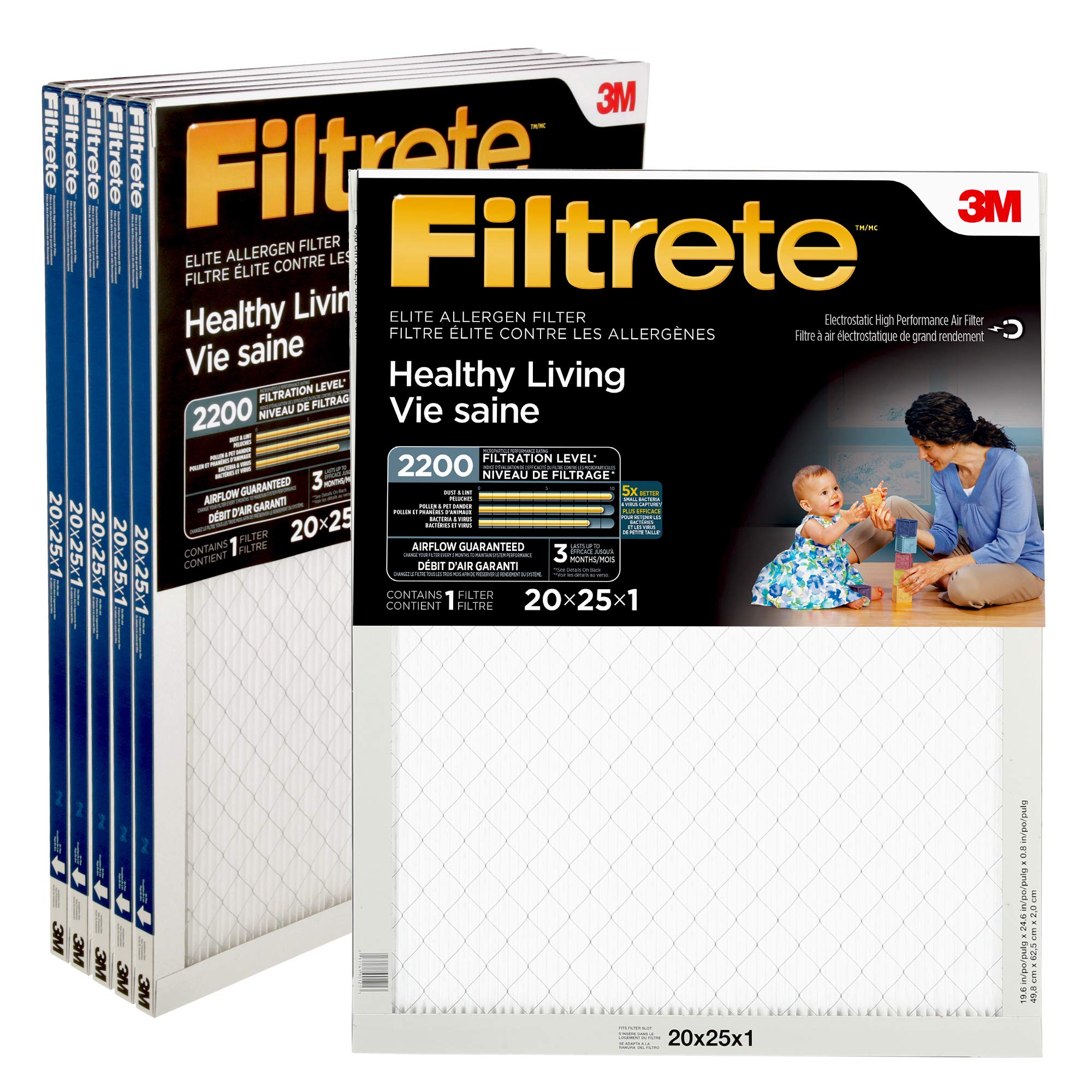 Filtrete 20x25x1 Furnace Filter, MPR 2200, MERV 13, Healthy Living Ultimate Allergen 3-Month Pleated 1-Inch Air Filters, 6 Filters