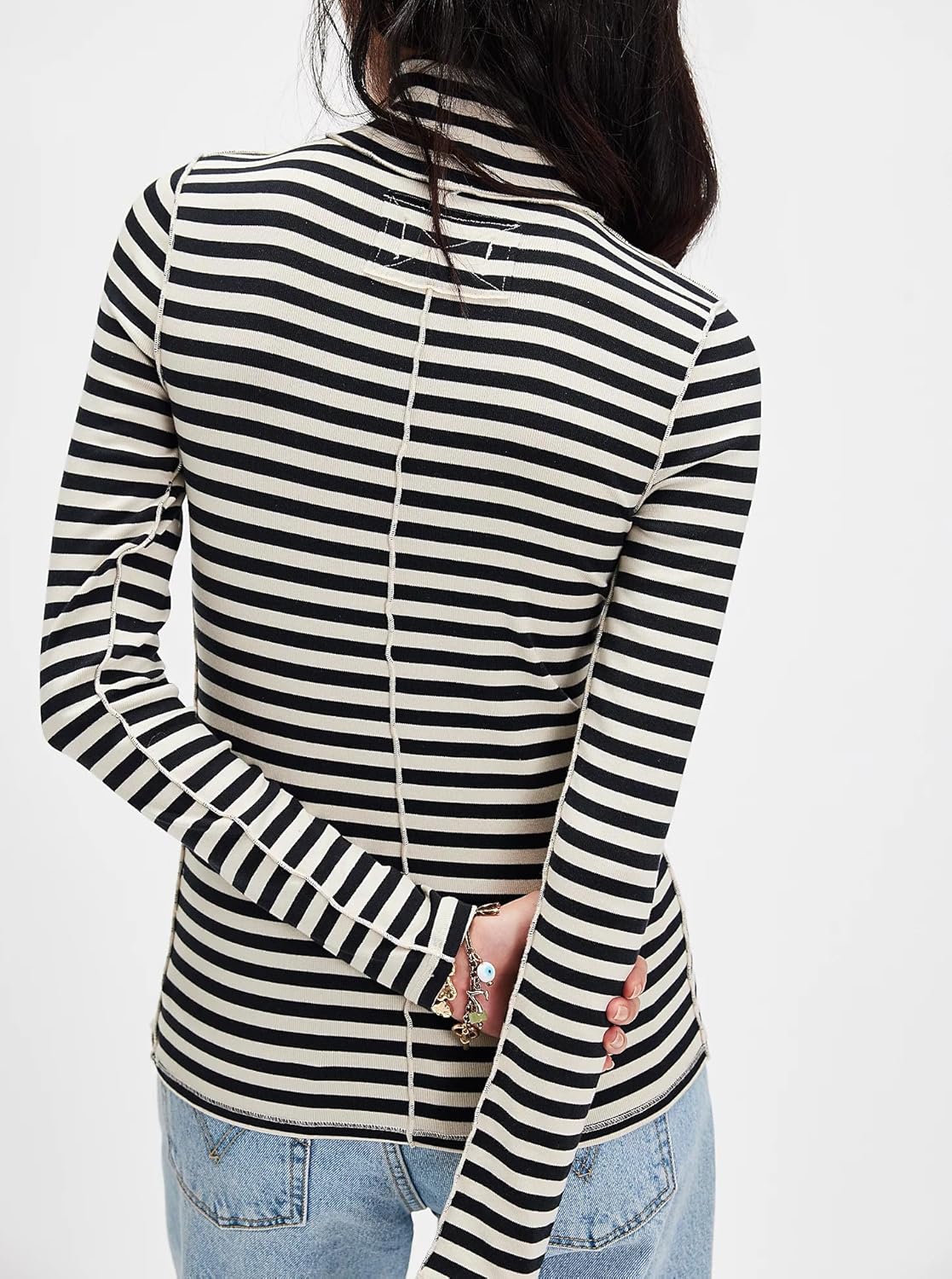 Womens Long Sleeve Rainbow Striped Turtleneck Slim Fit Blouse Shirt Y2k Cute Going Out Streetwear Tee Mock Turtle Necks Elastic Stretchy Pullover Crop Tops (Black, M) - Image 4