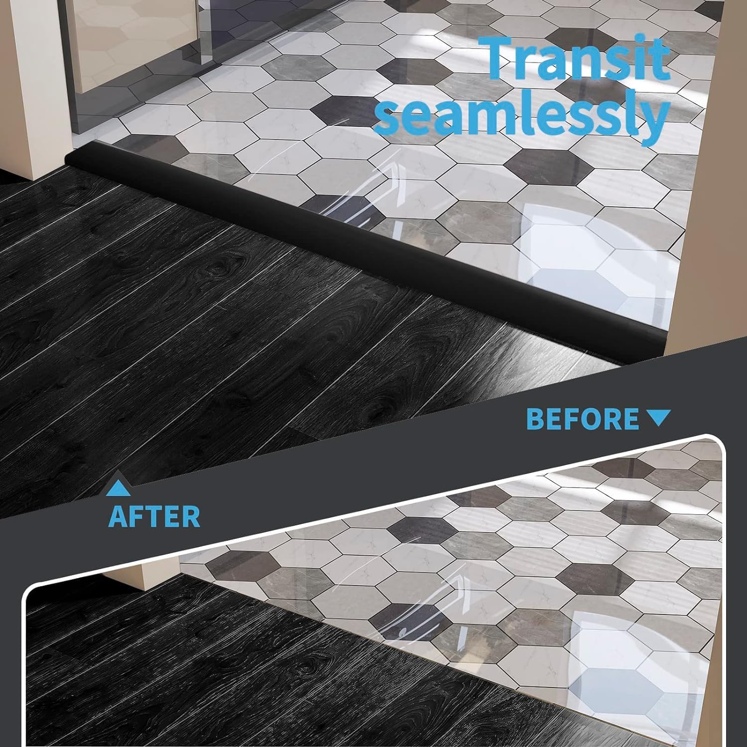 Floor Transition Strip， Laminate Floor Strip Floor Flat Divider Strip for Joining Floor Gaps，Floor Cover Strips with Self-Adhesive (Black,3.28FT), DSAD23