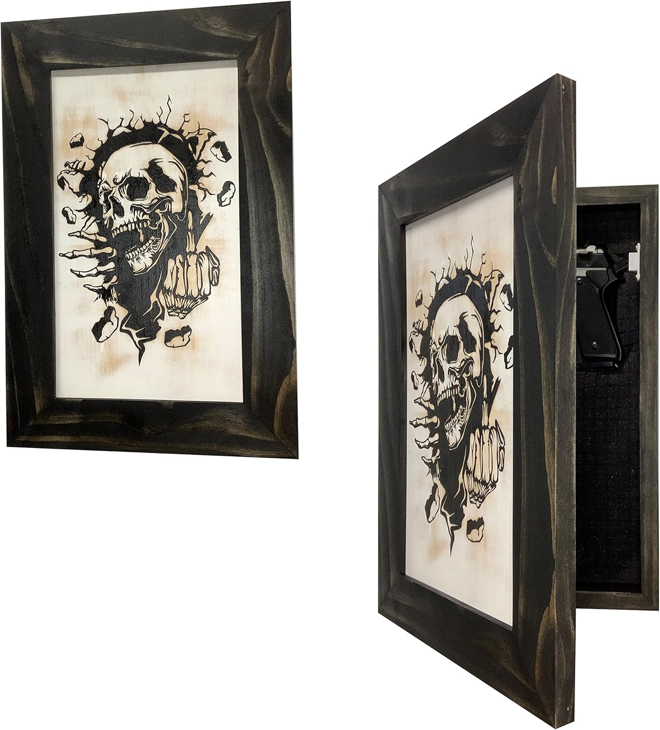 Bellewood Designs Hidden Gun Cabinet with Skull Giving Middle Finger to Securely Store and Conceal Your Gun