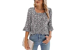 Women's Casual 3/4 Sleeve Tops Summer Square Neck T Shirts Ruffle Loose Fit Tunic Blouses