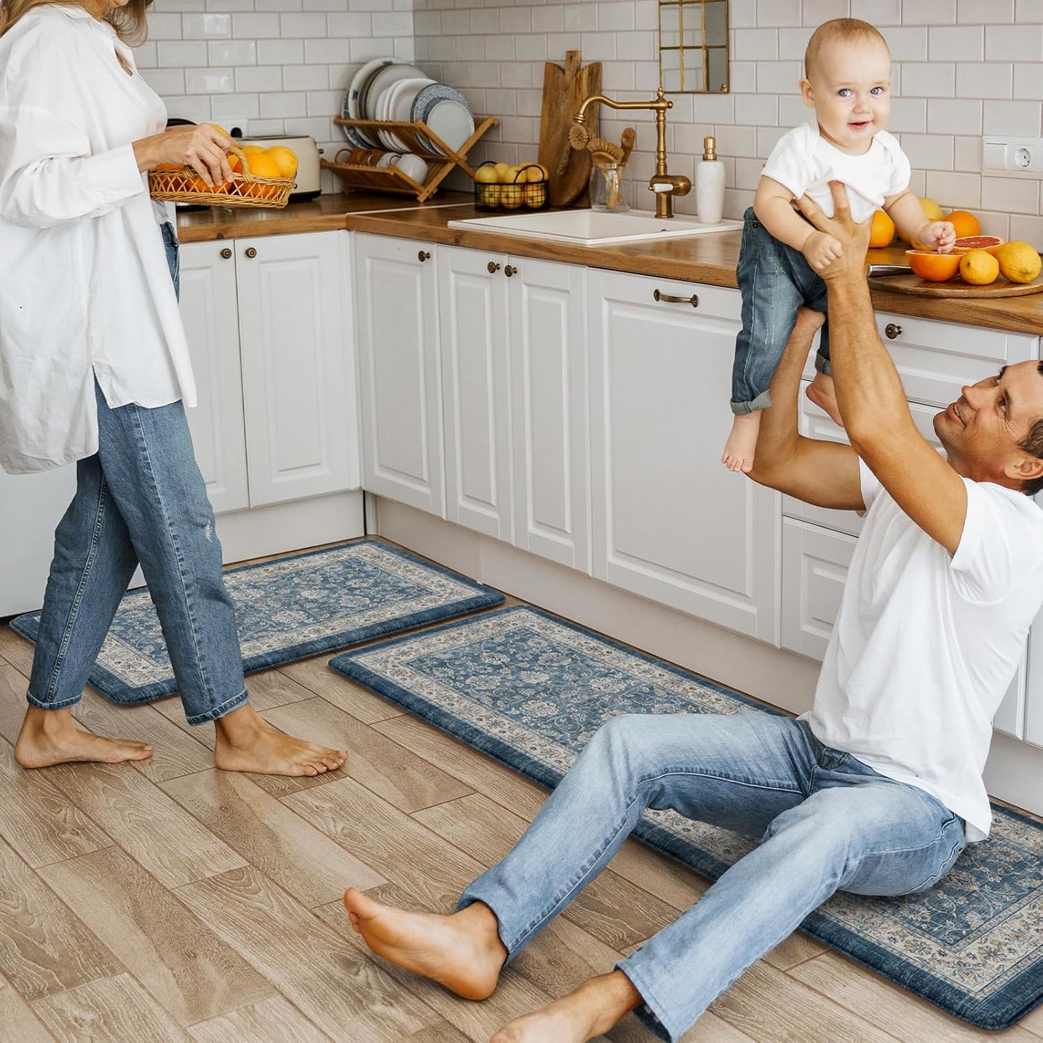 KIMODE Anti Fatigue Kitchen Mats 17.3" x 47"+17.3" x 29", Boho Blue Kitchen Rugs Sets of 2, Non Slip Waterproof Kitchen Floor Mats, Vintage Memory Foam Kitchen Mat for Sink, Laundry, Desk