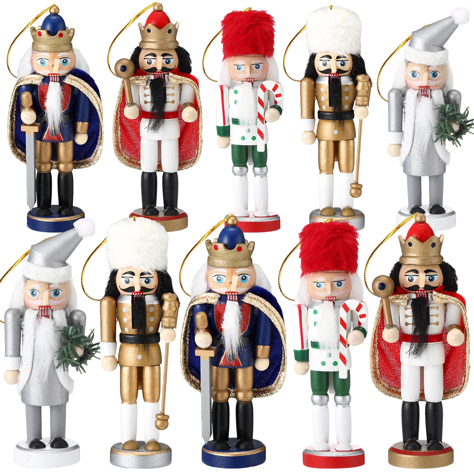 Soldats casse-noisettes en bois Jetec lot de 10 suspensions de Noël de 12,7 cm style roi coloré