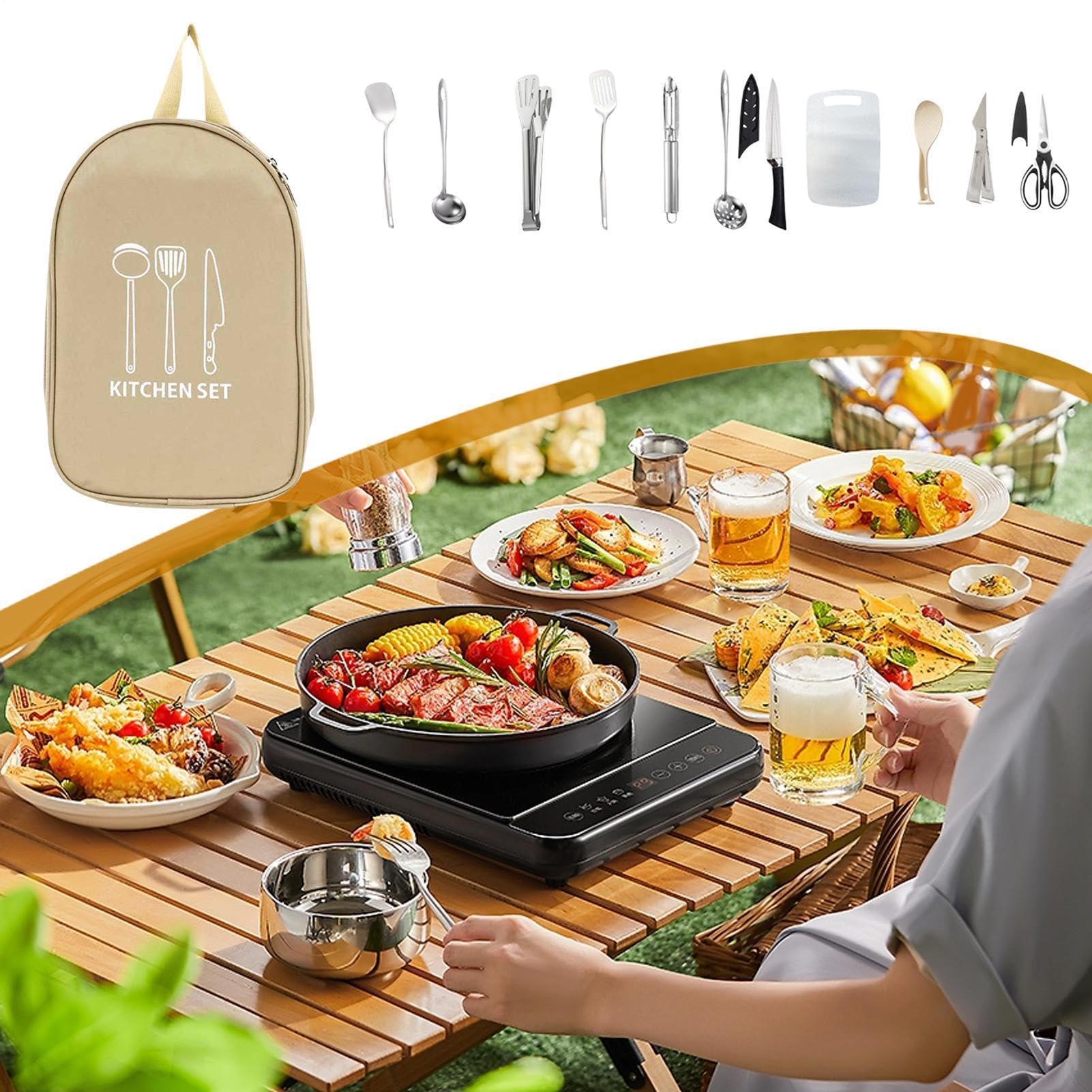 Kit de Cuisine de Camping Portable 12 Pièces Ustensiles de Cuisine | avec Sac de Rangement Équipement Culinaire pour le Camping pour Camping-Car, Plein Air, BBQ, Pique-nique et Randonnée