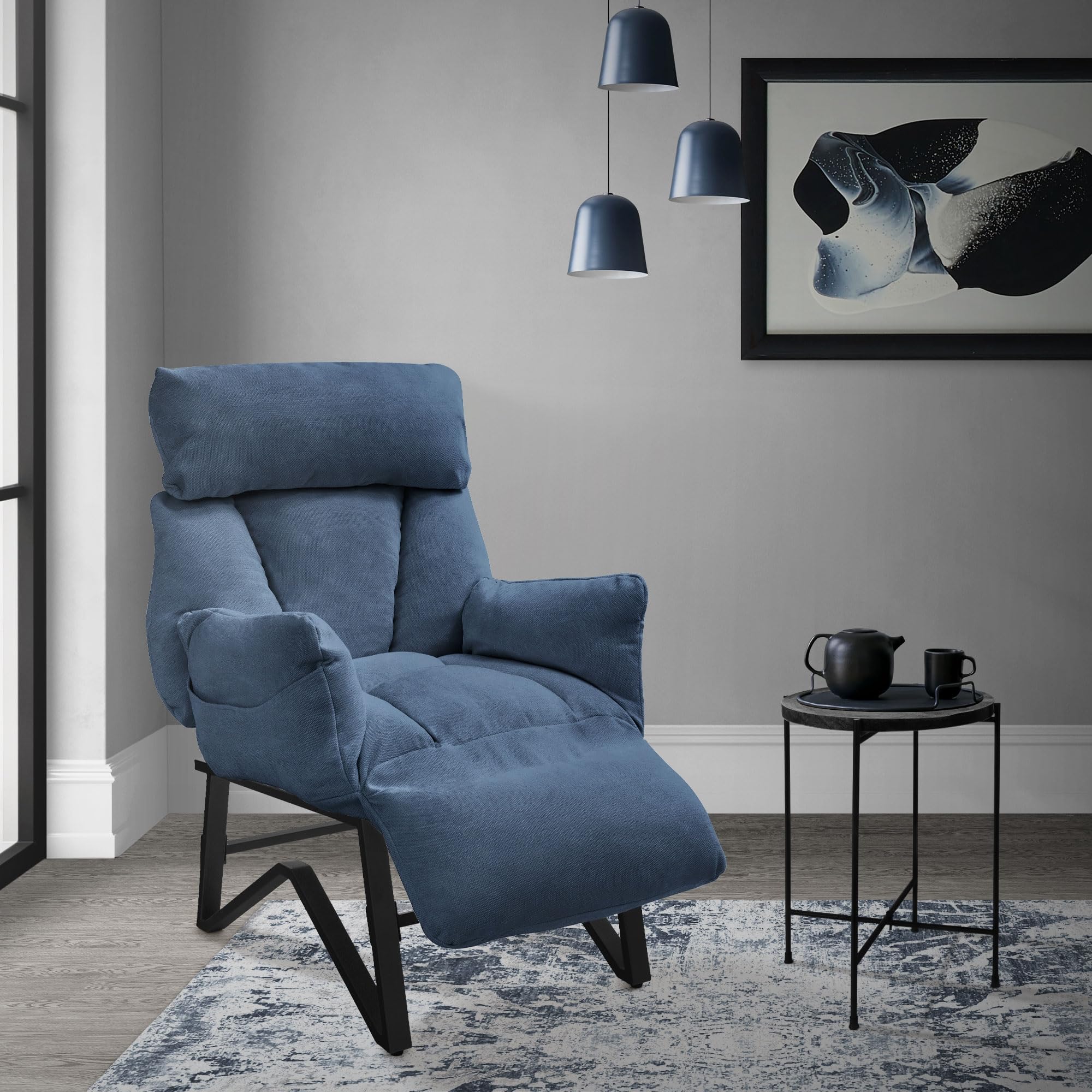 ML-Design Poltrona Reclinabile Blu Rivestimento in Lino, con Schienale Regolabile, Braccioli, Poggiapiedi e Tasche Laterali, Poltroncina Relax da Lettura, Sedia Lounge Imbottita per Soggiorno