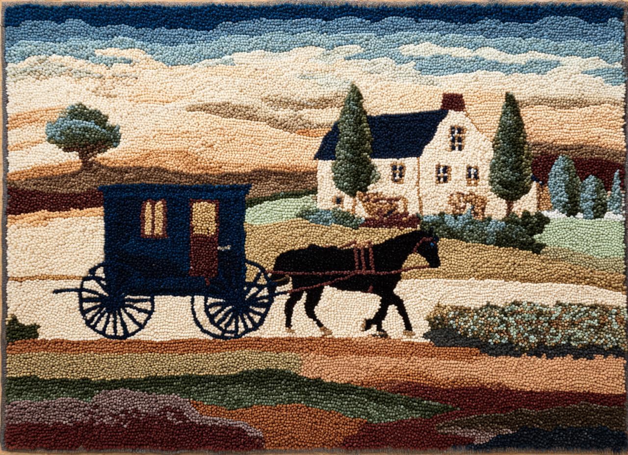Latch Hook Rug Kit Amish Horse and Buggy with Pre-Printed Mat Cover DIY Cushion Crochet Yarn Hooking Craft Set for Floor Decor 52x38cm
