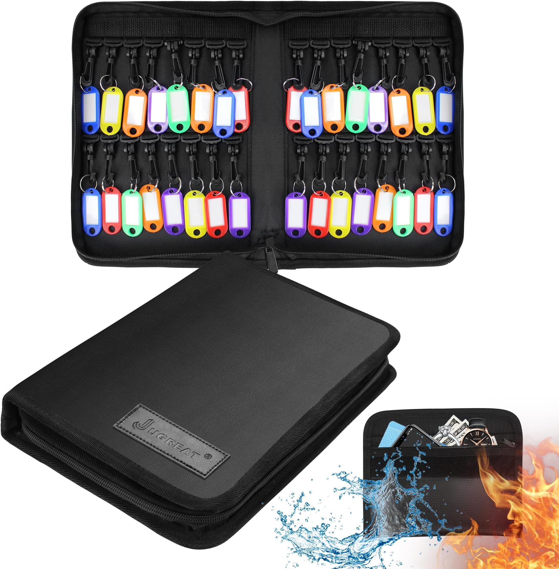 Key Organizer Case with Fireproof Bag, Portable Zippered Leather Key Case with 32 Key Hooks and Tags Key Storage,Zipper Key Organizer Box for Manager & Landlord Estate Sales,Hotel Executives