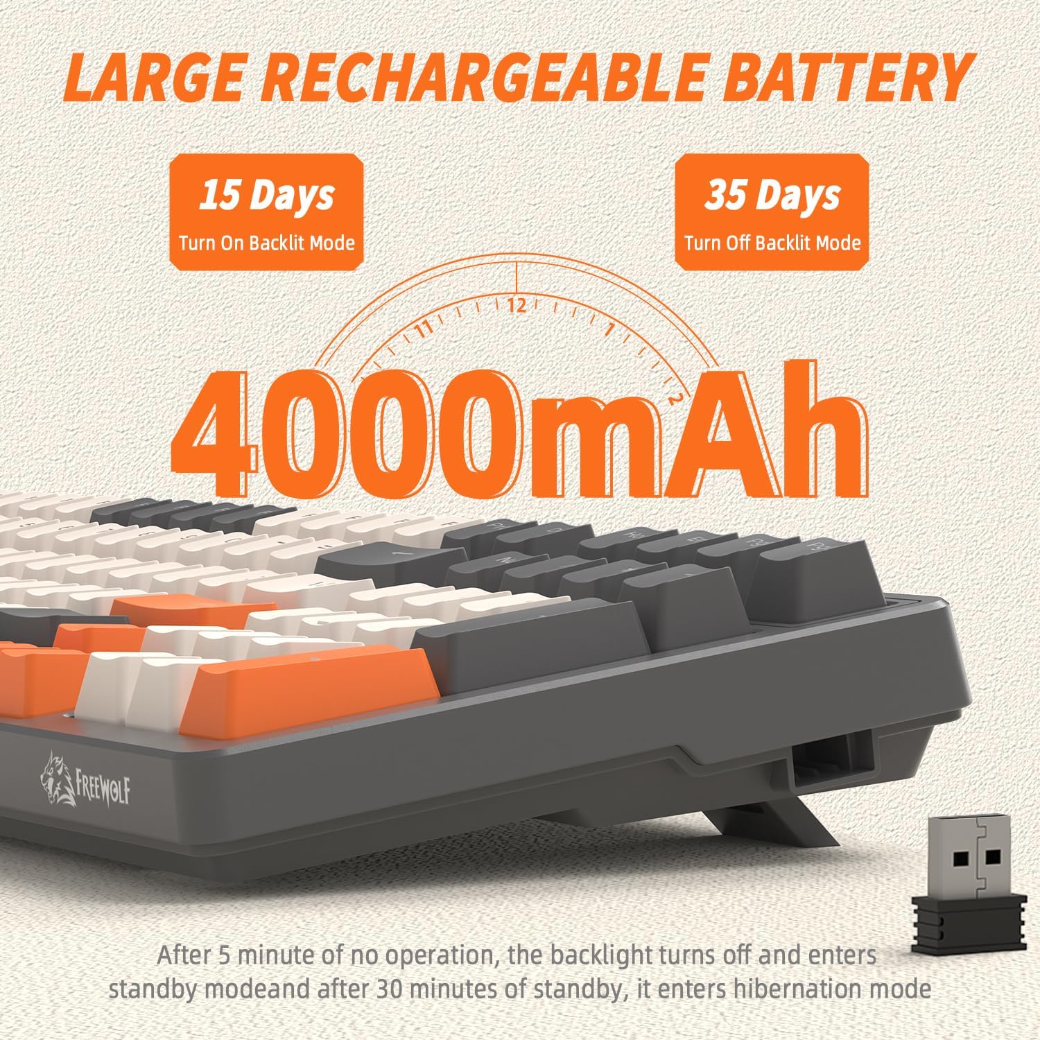 FREEWOLF K8 keyboard showing battery capacity
