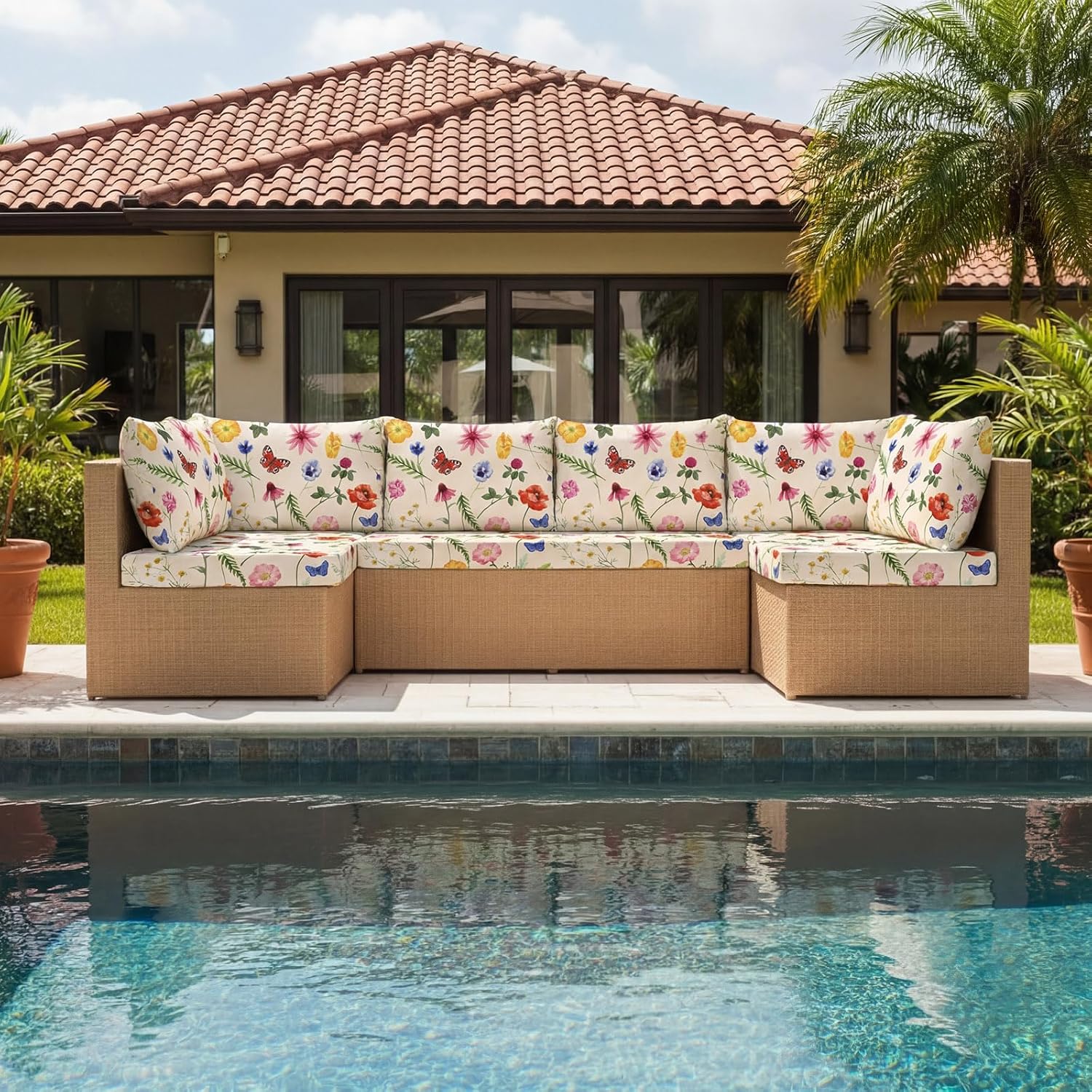 Tiamon 12 Pcs Floral Stretch Patio Cushion Covers, Retro Flower Outdoor Couch Cushion Covers Butterfly Replacement Sofa Chair Slipcovers for Patio Furniture Washable Replacement Outdoor Decor (Beige)