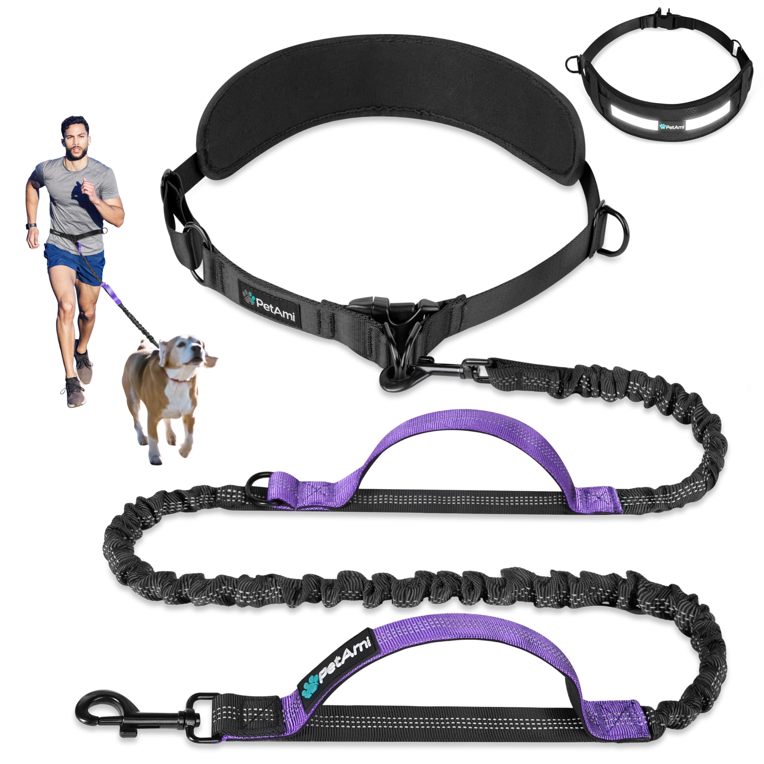 PetAmi Heavy Duty Hands Free Dog Leash, Adjustable Waist Belt for Large Dog Walking Up to 125 lbs, Bungee Leash for Pet Running, Hiking, Reflective