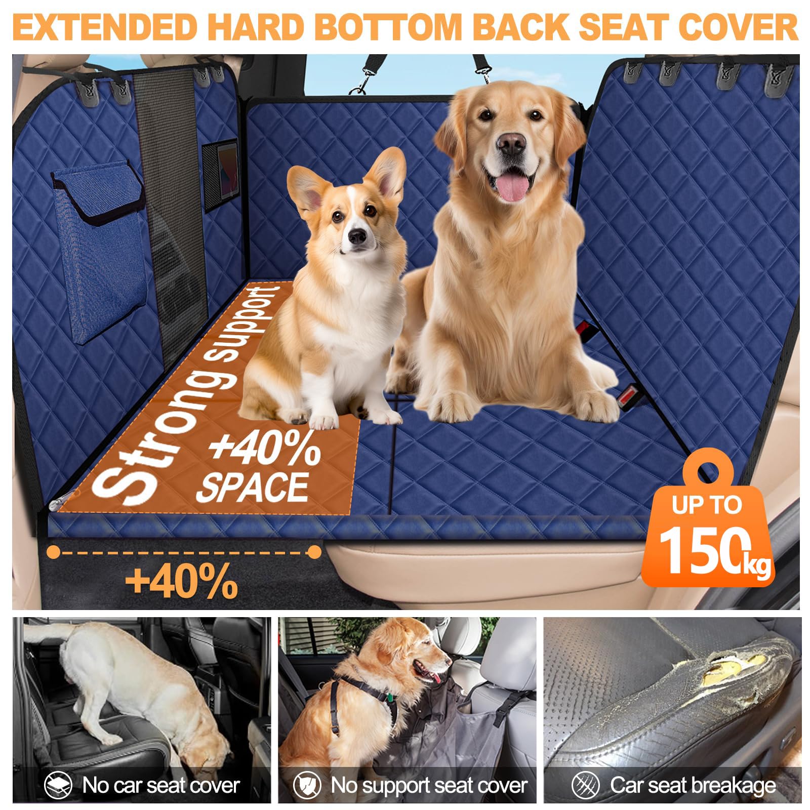 Vinstatin Coperta per cani per auto, con robusta tavola in legno duro, impermeabile, prevenzione delle cadute, sedile posteriore per cani, con cinture di sicurezza per tutte le auto, SUV