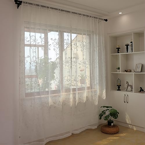 Miniatura 7 de SLOW SOUL Juego de 2 paneles de cortinas traslúcidas de lino sintético semitransparente con flores blancas para ventana, cortinas bordadas para