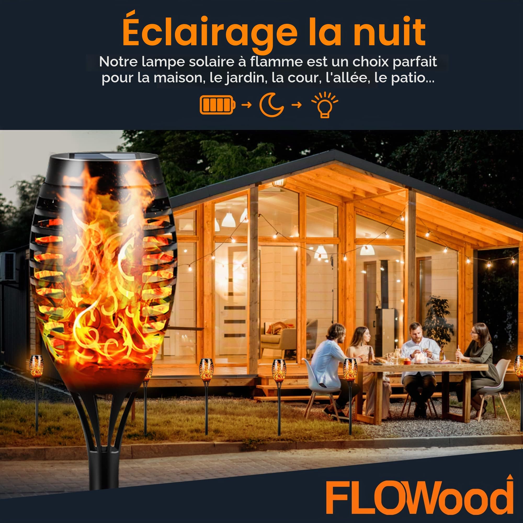 FLOWood Lot de 8 lampes solaires d'extérieur de 53 cm de haut - Flamme dansante vacillante - Étanche IP65 - Éclairage paysager - Marche/arrêt automatique - Pour jardin, terrasse, cour, allée, pelouse