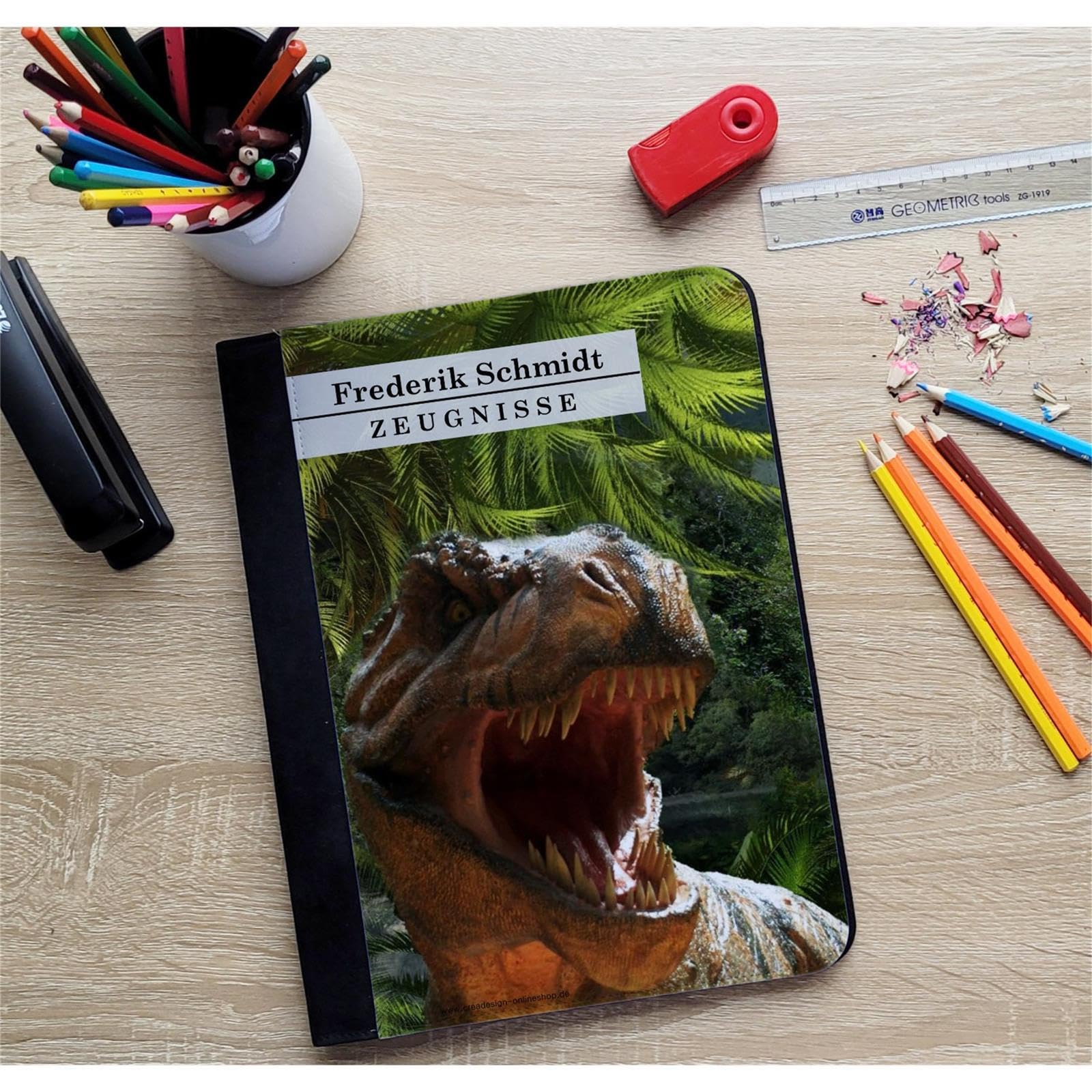 Zeugnismappe A4 mit Namen personalisiert – T-Rex – für Jungen – Dokumentenmappe Schule ohne Klarsichthüllen