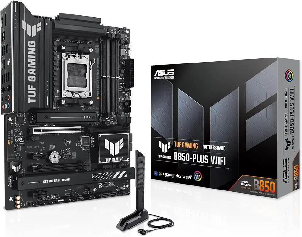 ASUS Placa-mãe TUF Gaming B850-PLUS WiFi AMD AM5 B850 ATX, 14+2+1 estágios 80A, AI Ready, DDR5, PCIe 5.0, 3X M.2, Wi-Fi 7, 2.5Gb LAN, DisplayPort, HDMI™, USB 10Gbps e 20Gbps Type-C®, BIOS Flashback™