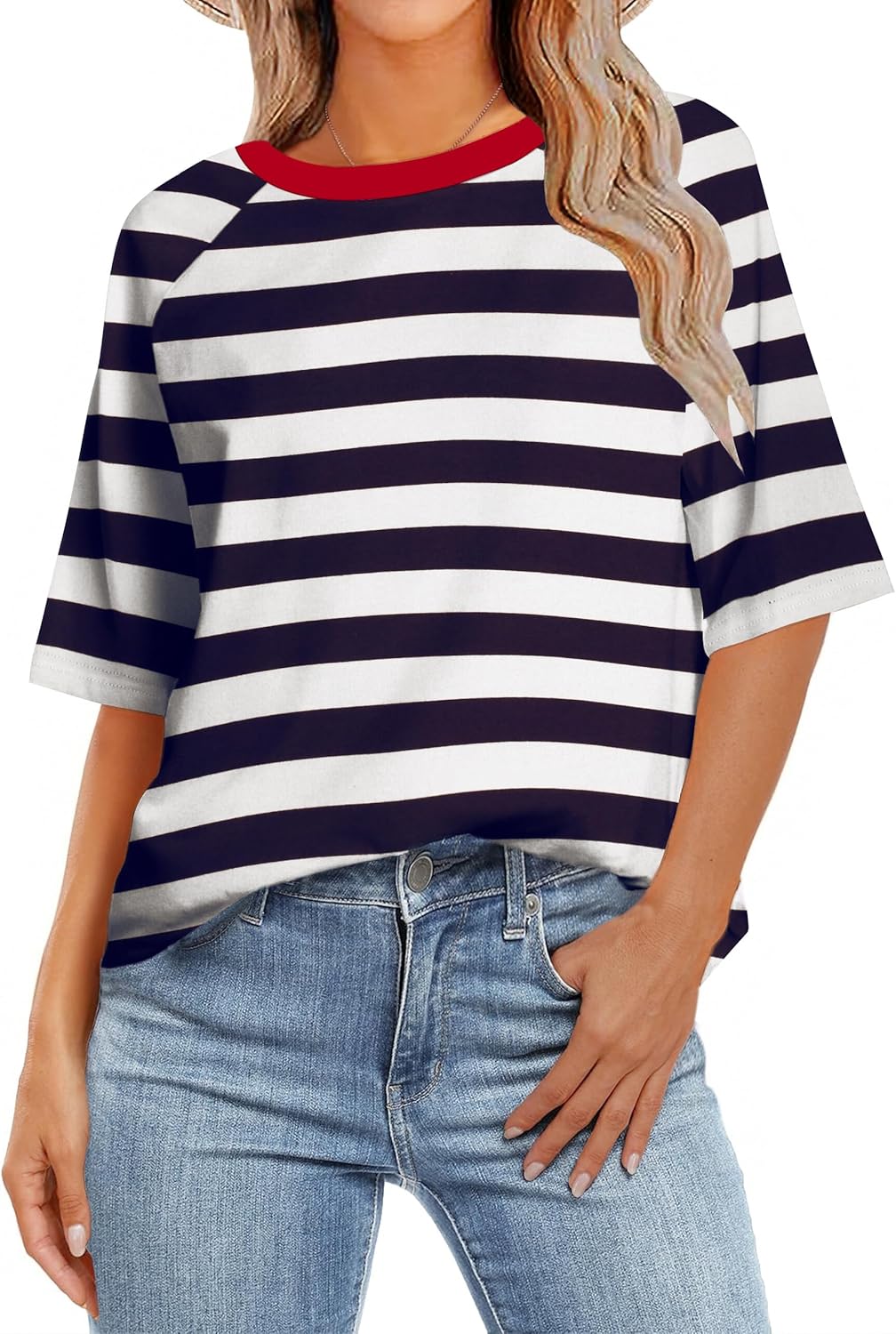Zeagoo Womens T Shirts Summer Casual Oversized Crewneck Loose Fit Short Sleeve Striped Tops Fashion Comfy Basic Tee Blouses