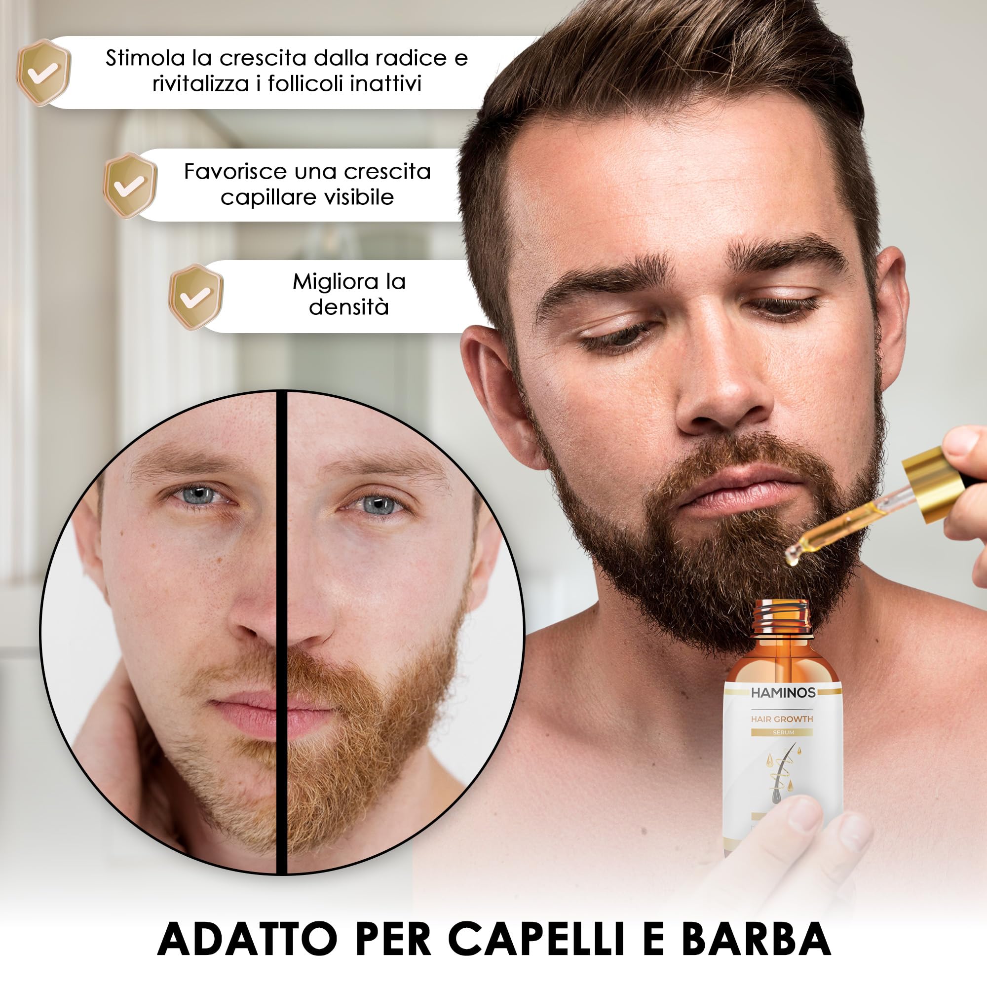 HAMINOS Derma Roller 0,5 mm con Siero Capelli per Uomo, Microneedle Roller per Cuoio Capelluto e Barba con Serbatoio, Applicatore Siero per Attaccatura, Corona e Barba