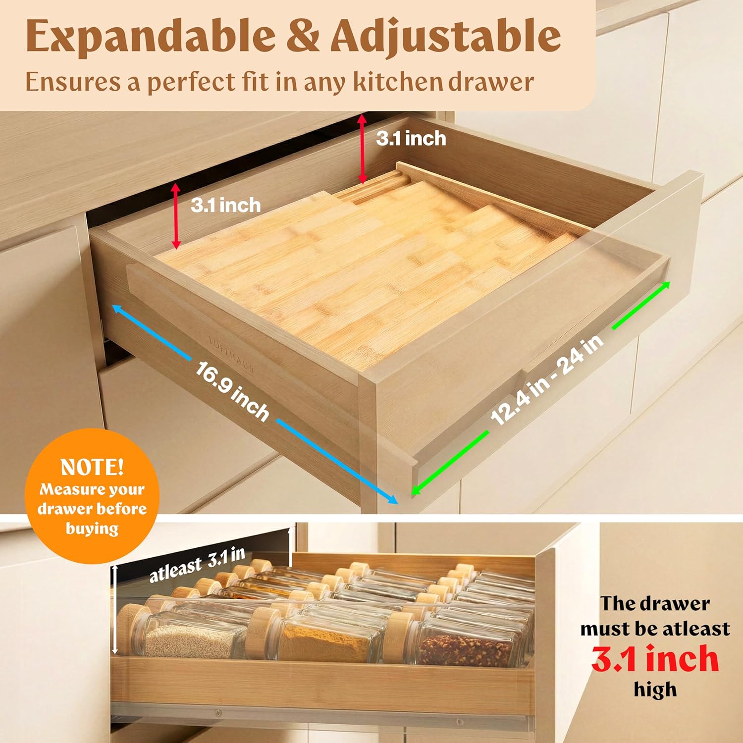 Bamboo Spice Drawer Organizer - Expandable 4 Tier Spice Rack (Need 3" Deep Drawer) 12" to 24" Wide, Seasoning Organizer, Organization Seasoning Rack insert (Jars Not Included) Bamboo Natural