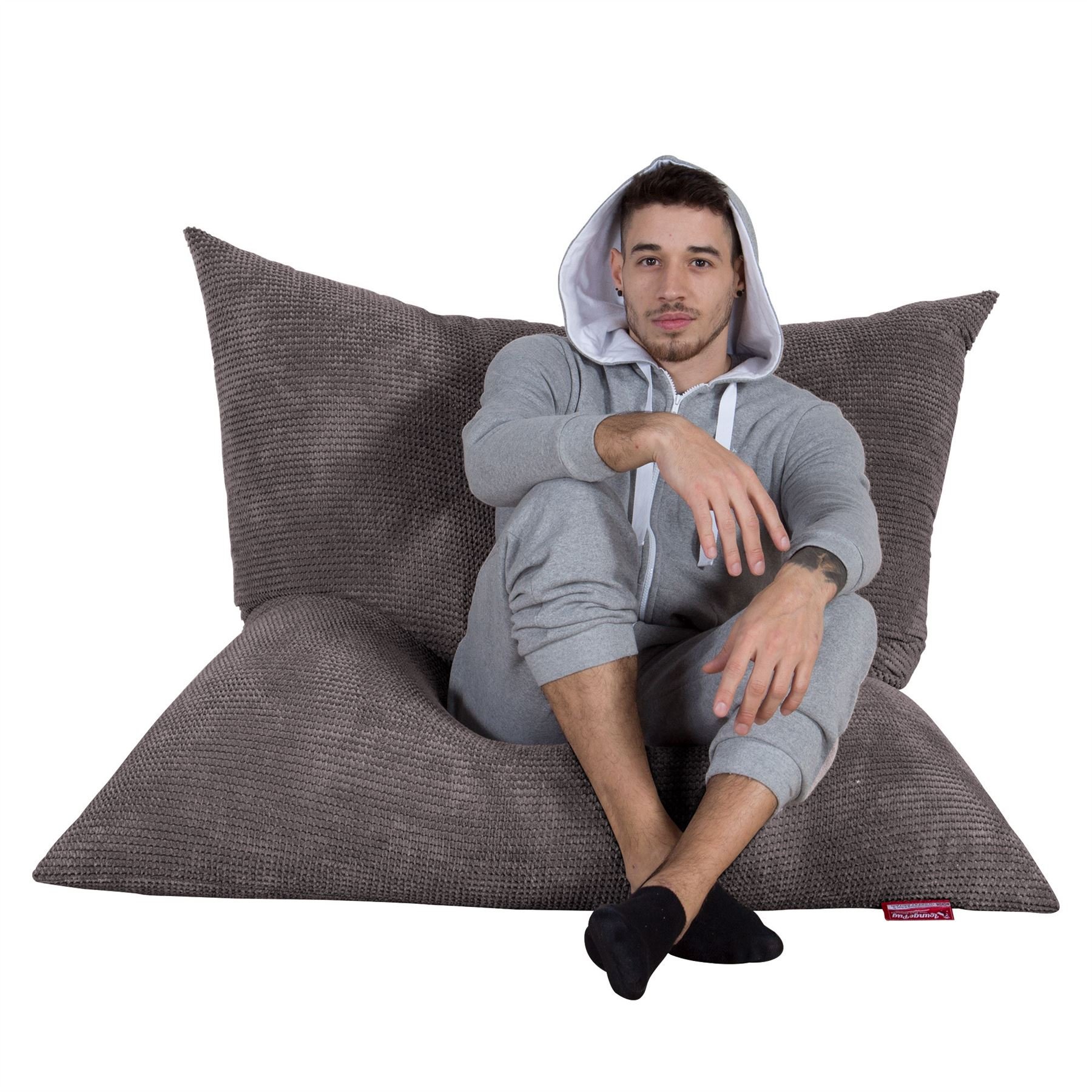 LOUNGE PUG, Bean Bag XXL, Floor cushion Pouf, Pompom Charcoal Grey