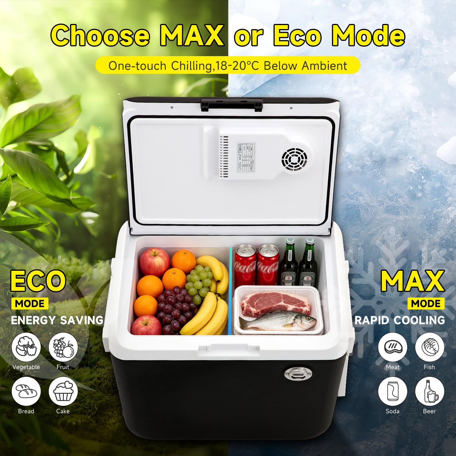 Frigorifero Portatile 40L – Mini-Frigo 12/230 V, raffredda & riscalda (fino a 65°C), Modalità ECO, per Auto, Camper e Barca