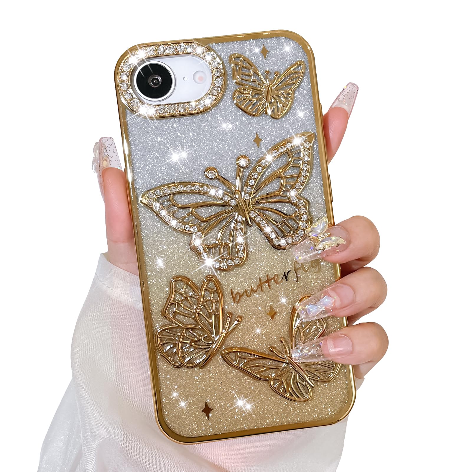 Bonoma Glitter Case for iPhone 16e, Cute 3D Butterfly Pattern Plating Bling Case,Camera Protection Sparkly Slim Soft Back Cover for Women Girls,Gold