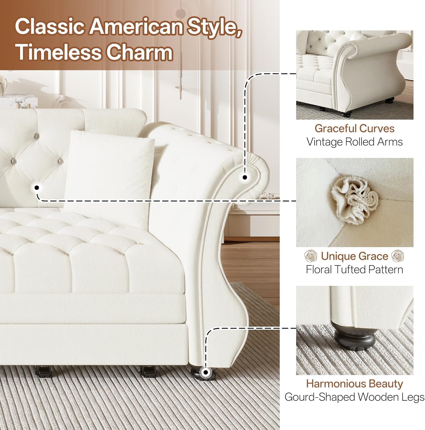 97.6'' Sleeper Sofa Bed King, Convertible Pull Out Couch, Chesterfield Futon Sofa Bed with Flower-Tuffed Back, Velvet Daybed, 3 Pillows, Loveseat Couches for Living Room, Small Spaces, Beige