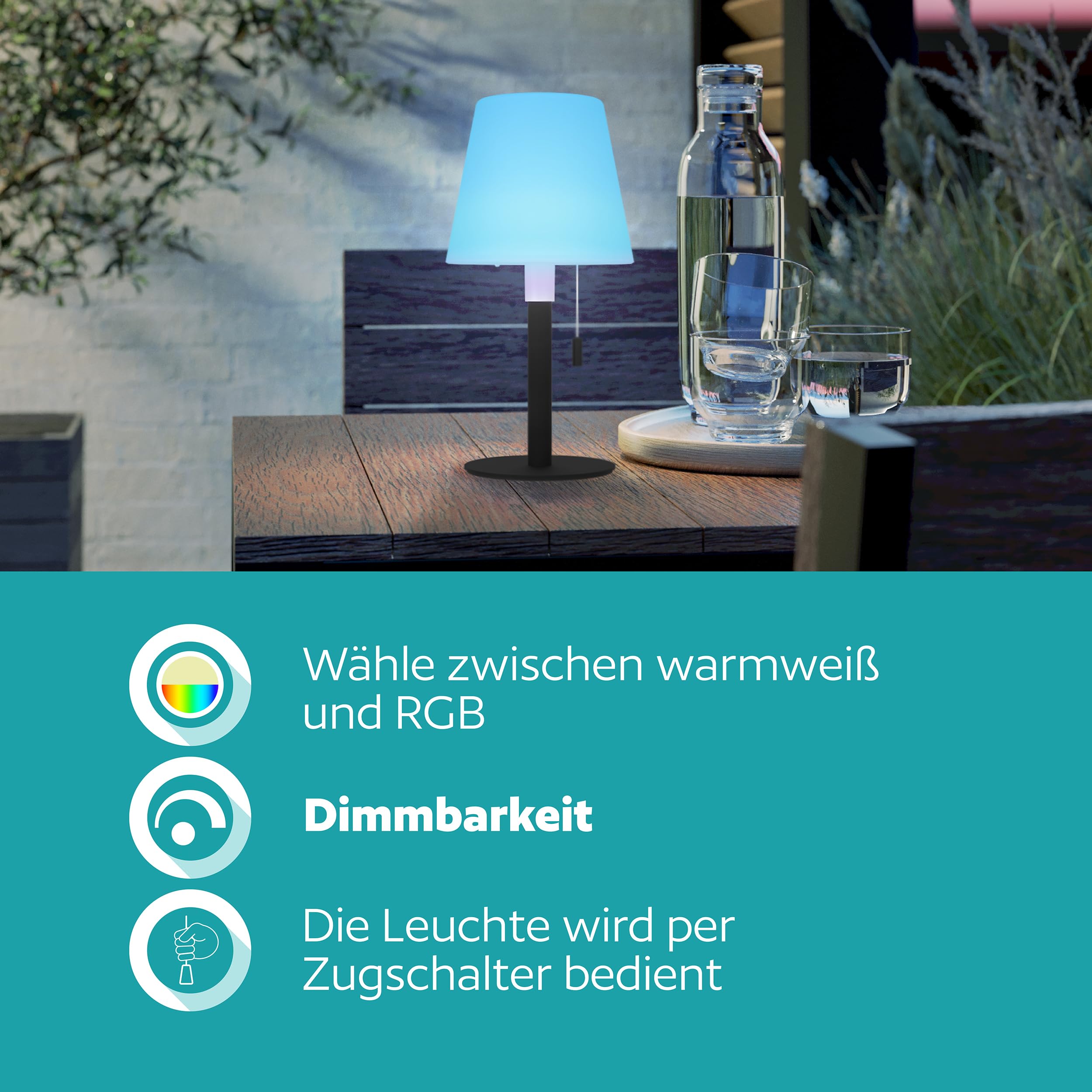 EGLO Solar Tischleuchte Montapalma-L, Outdoor Akku Tischlampe dimmbar mit Zugschalter, kabellose Solarlampe für außen, Stahl in schwarz, Kunststoff weiß, warmweiß, RGB, IP54