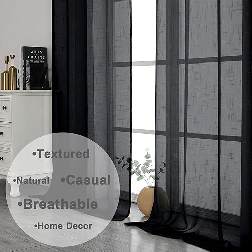 Miniatura 7 de Kirei - Cortinas traslúcidas negras de 63 pulgadas de largo, 2 paneles de lino sintético con textura suave y transpirable con bolsillo para barra,