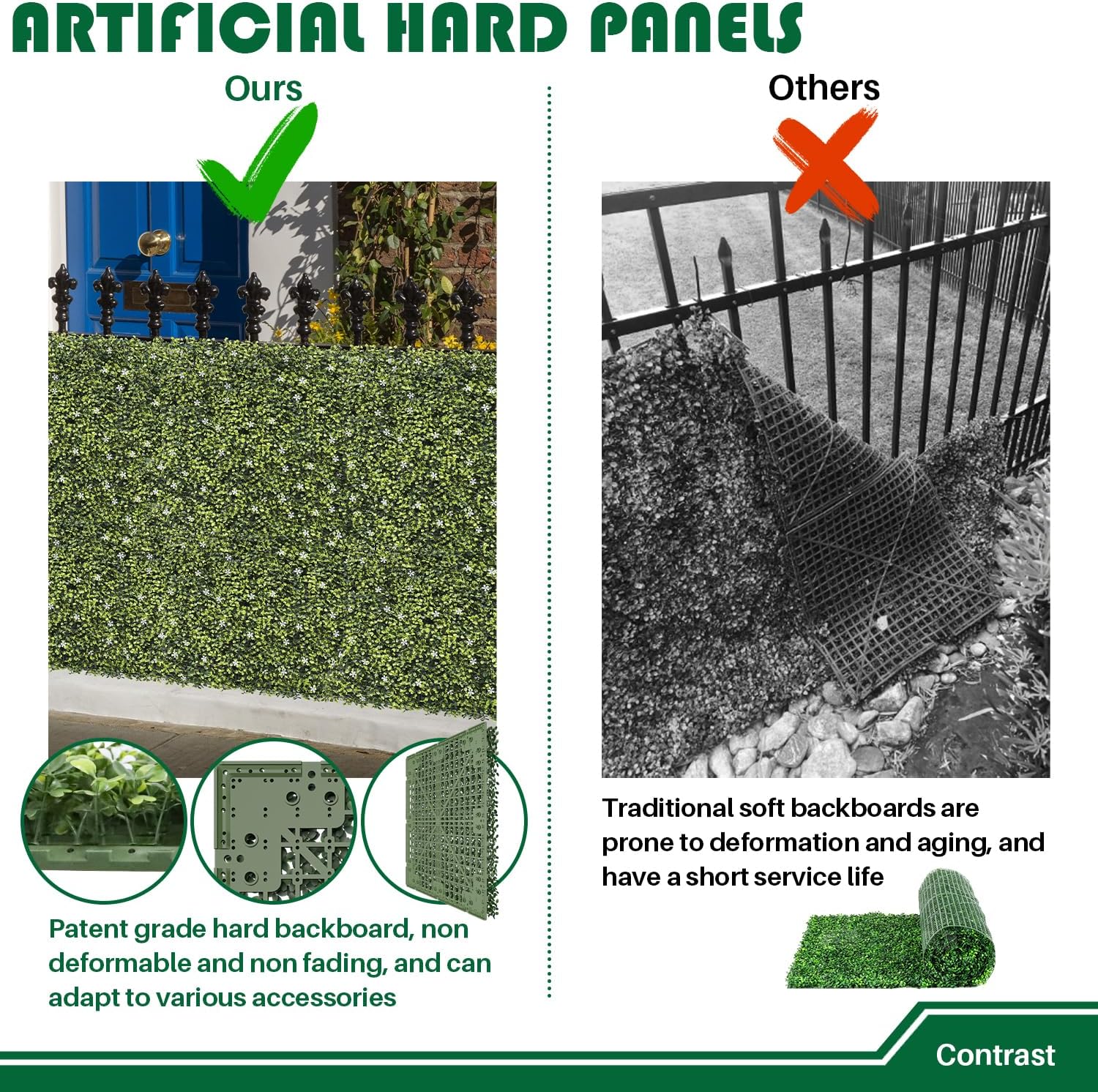 Artificial Wall Grass Panels 18"x18" (1pcs) Greenery Backdrop with Hard Panels Boxwood Hedge Faux Ivy Privacy Fence Screen for Outdoor Indoor Party Wedding Green Wall Décor