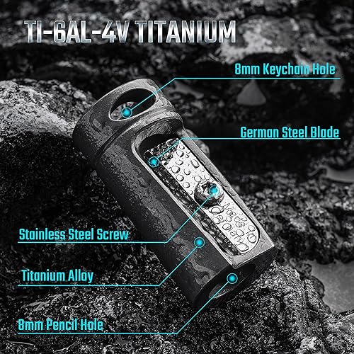 Miniatura 2 de KeyUnity KT00 Sacapuntas de mano de aleación de titanio, mosquetón de llavero KM05, anillo D KA17 y paquete de mini navajas de bolsillo KK06