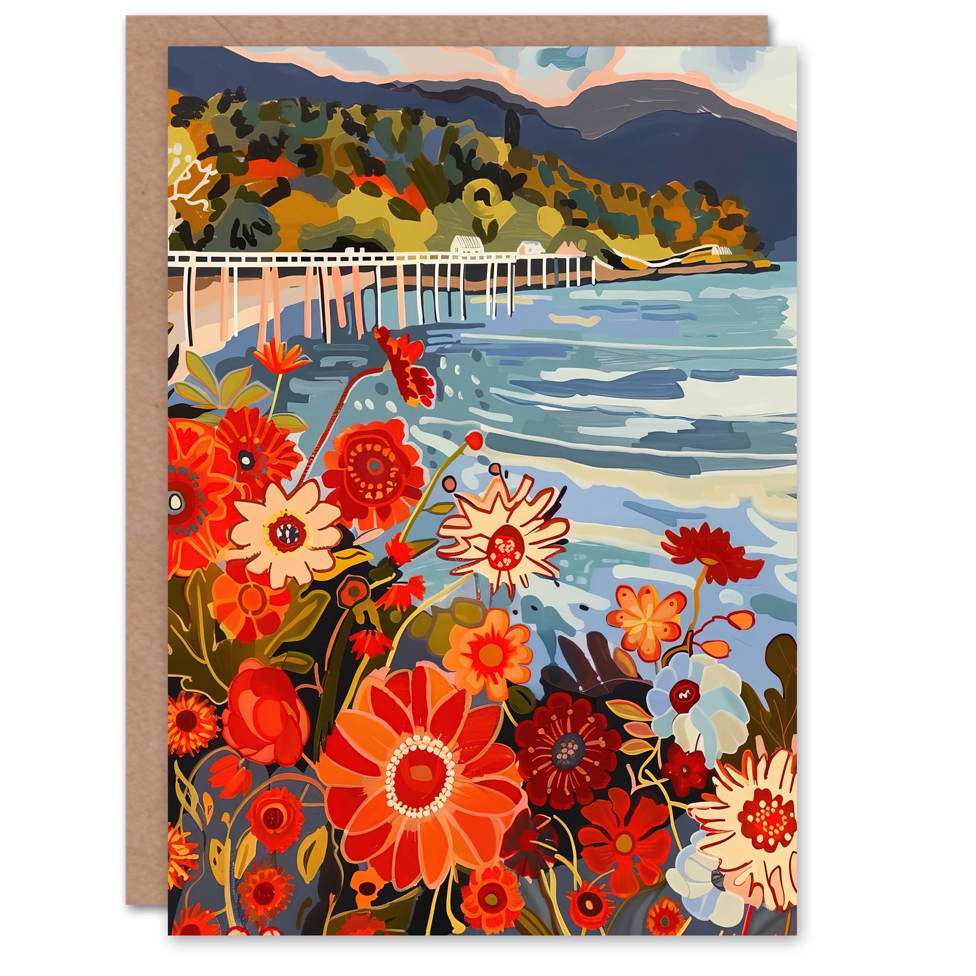Artery8 Greeting Card Dunoon Pier Floral Scottish Seaside Spring Blank For Him Or Her Art Birthday Card