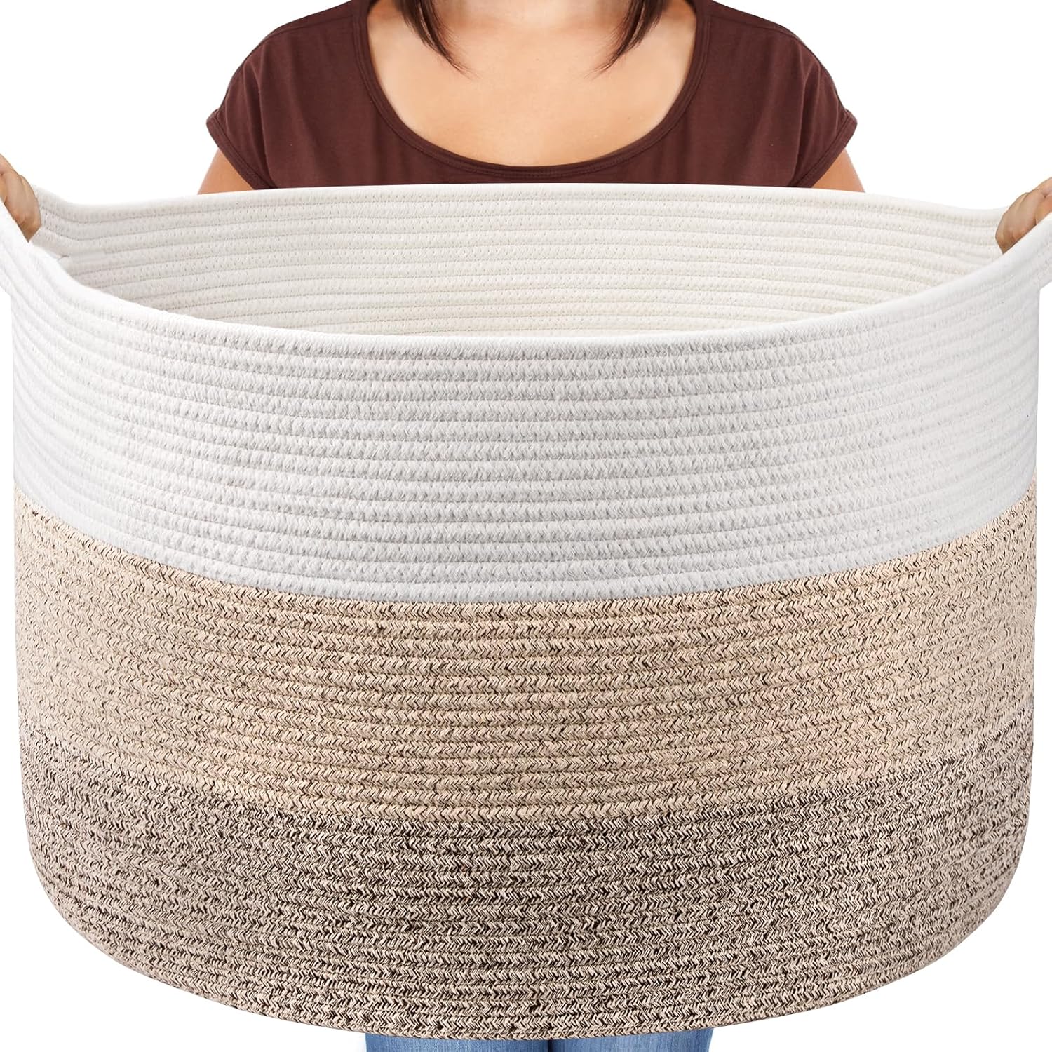 Maliton Extra Large Blanket Basket Living Room, 22" X 22" X 14" Woven Cotton Rope Laundry Basket Toy Baskets with Handle Storage Comforter Cushions Clothes Thread Laundry Hamper